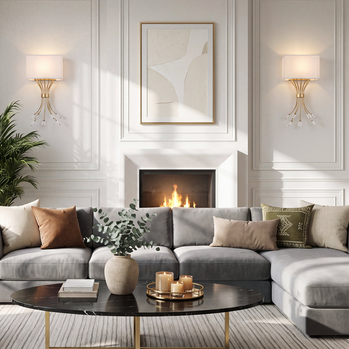 19.96" Gold Wall Sconce, Double Layer Fabric Wall Light with Crystal