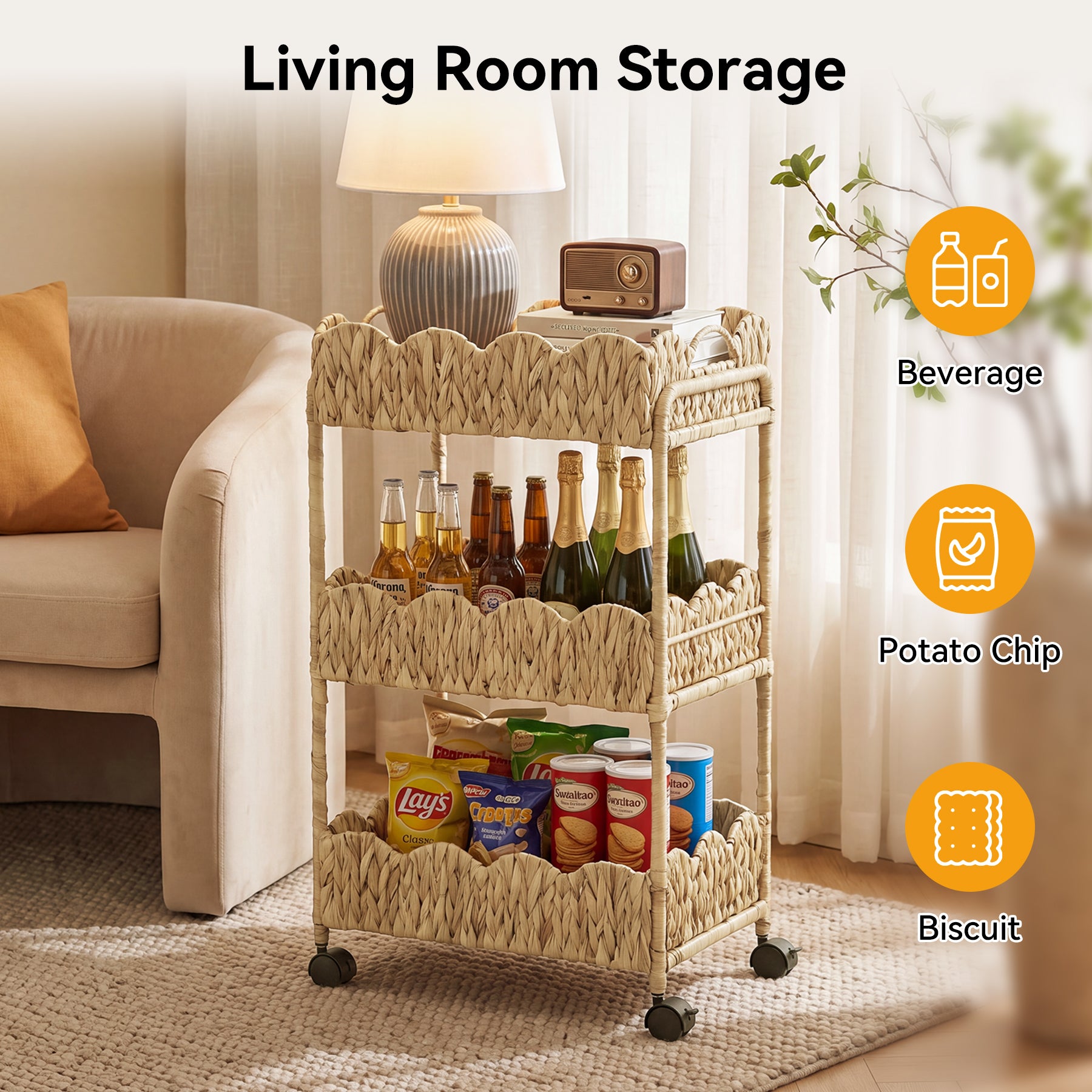 3-Tier Water Hyacinth Rolling Cart with Wheels, Metal Frame Utility Cart, Bathroom Kitchen Nursery