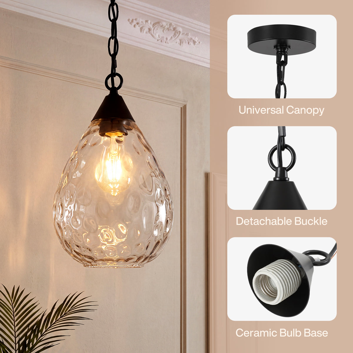 Hammered Glass Pendant Light, Modern Black Hanging Light with 60" Chain