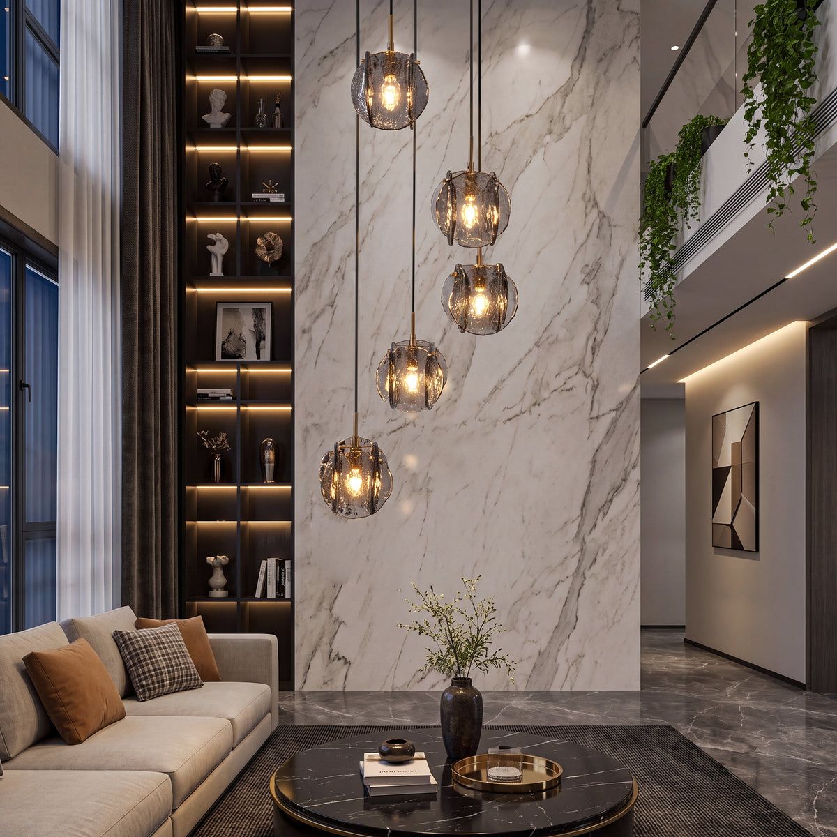 5-Light Modern Pendant Light with Textured Smoky Gray Glass Shades