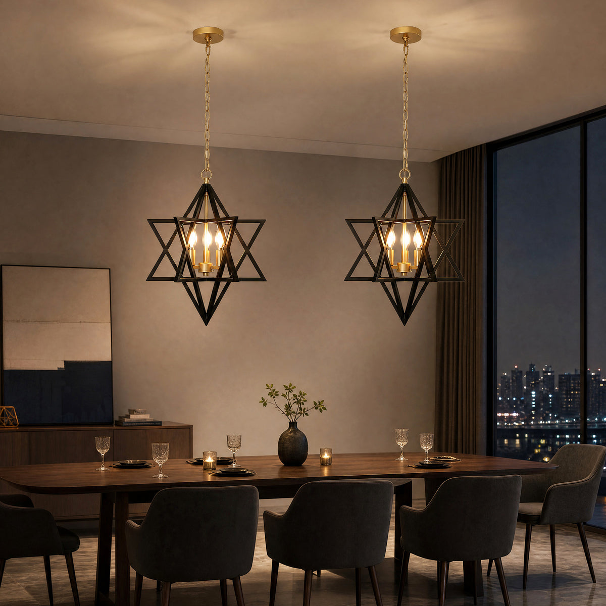 3-Light 15.75" Geometric Chandelier, Black and Gold Farmhouse Pendant Light