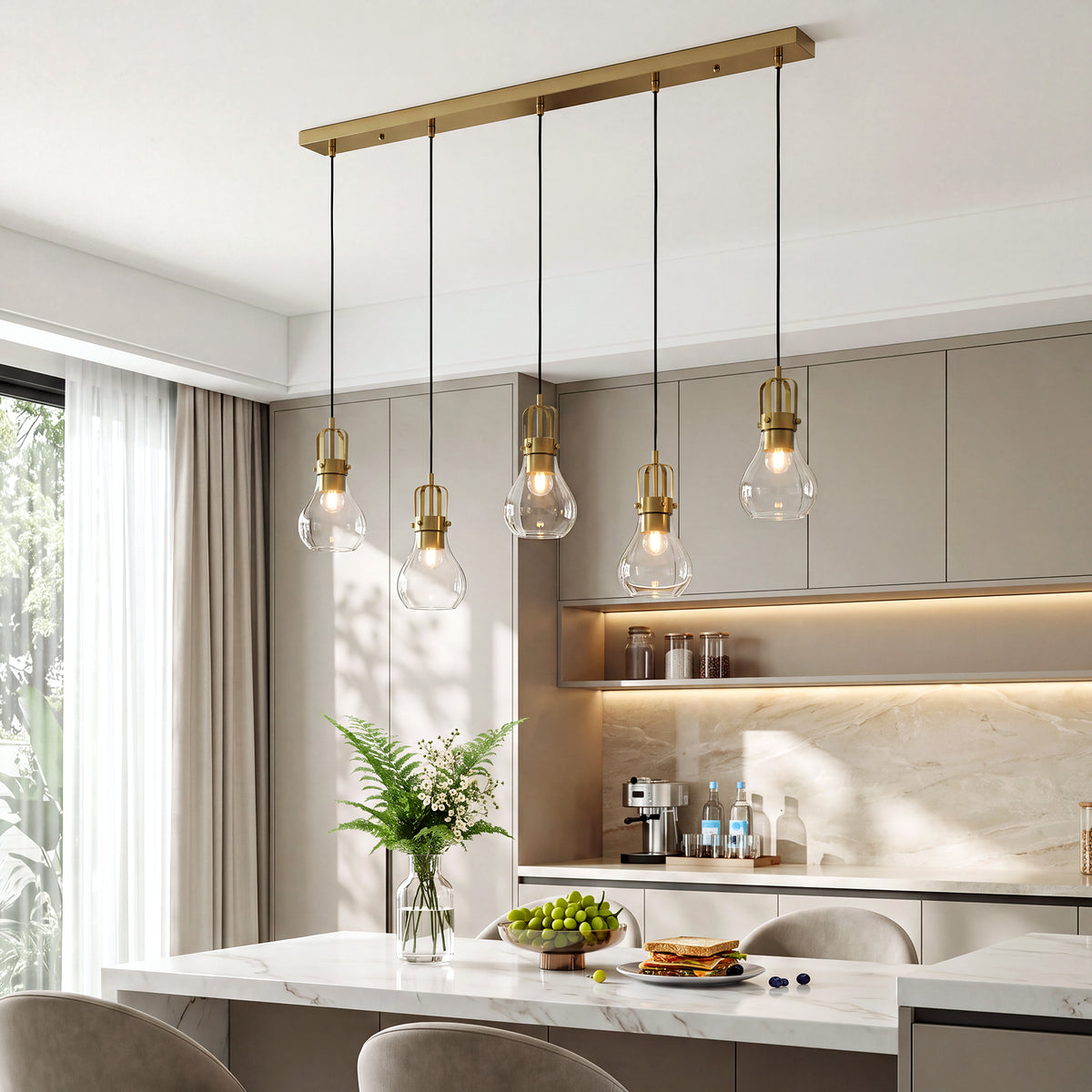 Modern Gold Pendant Light, Industrial Metal Cage Hanging Light with Clear Glass Shade