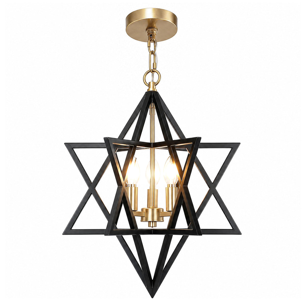 3-Light 15.75" Geometric Chandelier, Black and Gold Farmhouse Pendant Light