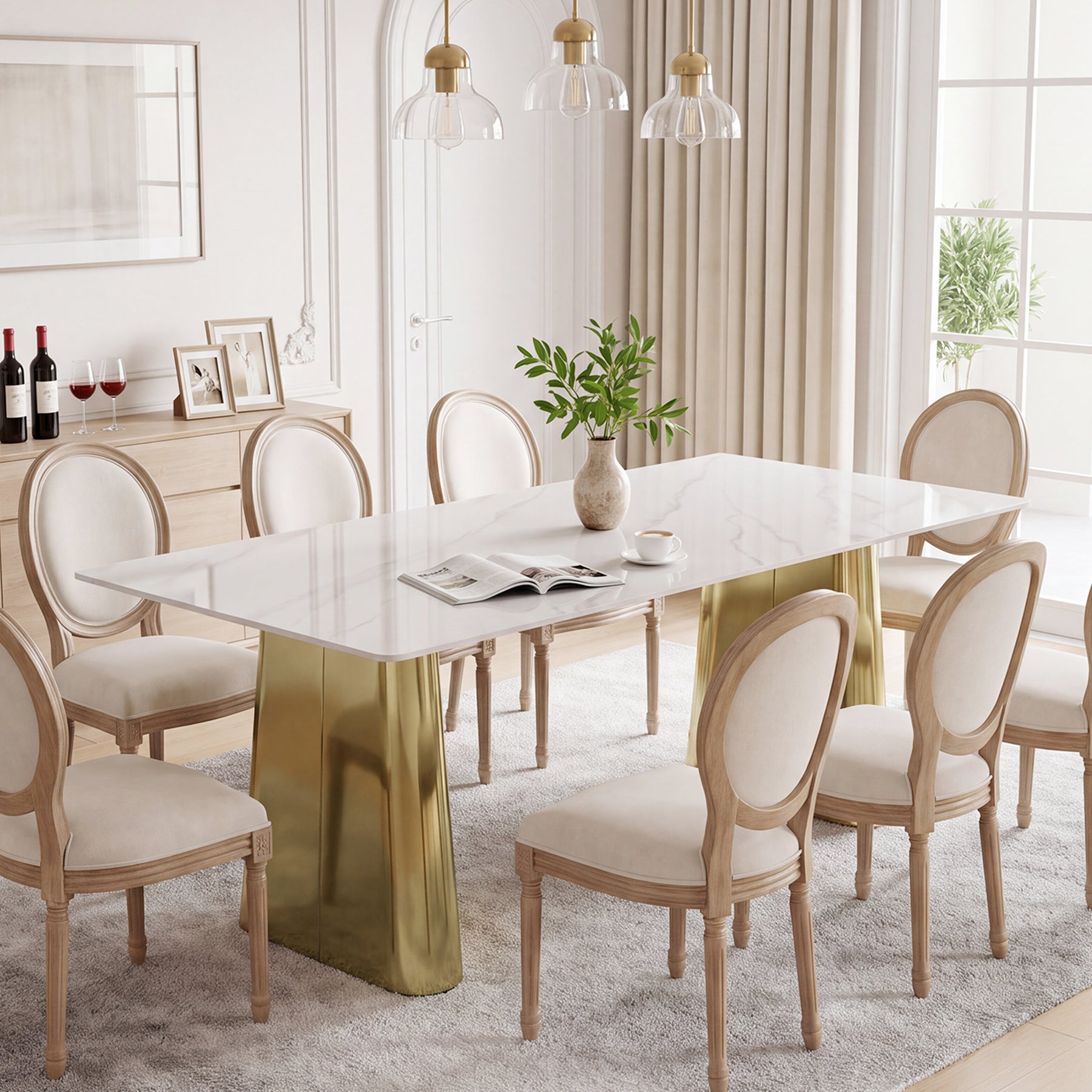 63" Sintered Stone Dining Table, Modern Luxury Kitchen Table with Gold Brushed Stainless Metal Base