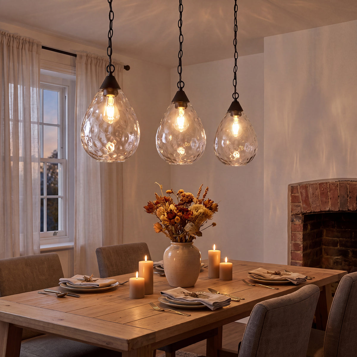 Hammered Glass Pendant Light, Modern Black Hanging Light with 60" Chain
