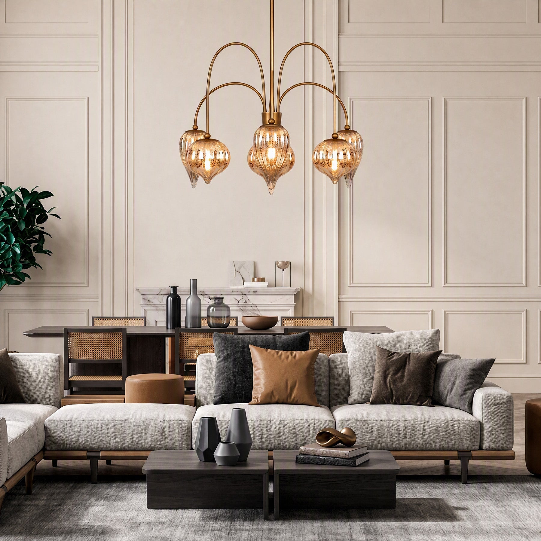6-Light Brass Chandelier, Modern Pendant Lighting with Mixed Round & Teardrop Mercury Glass