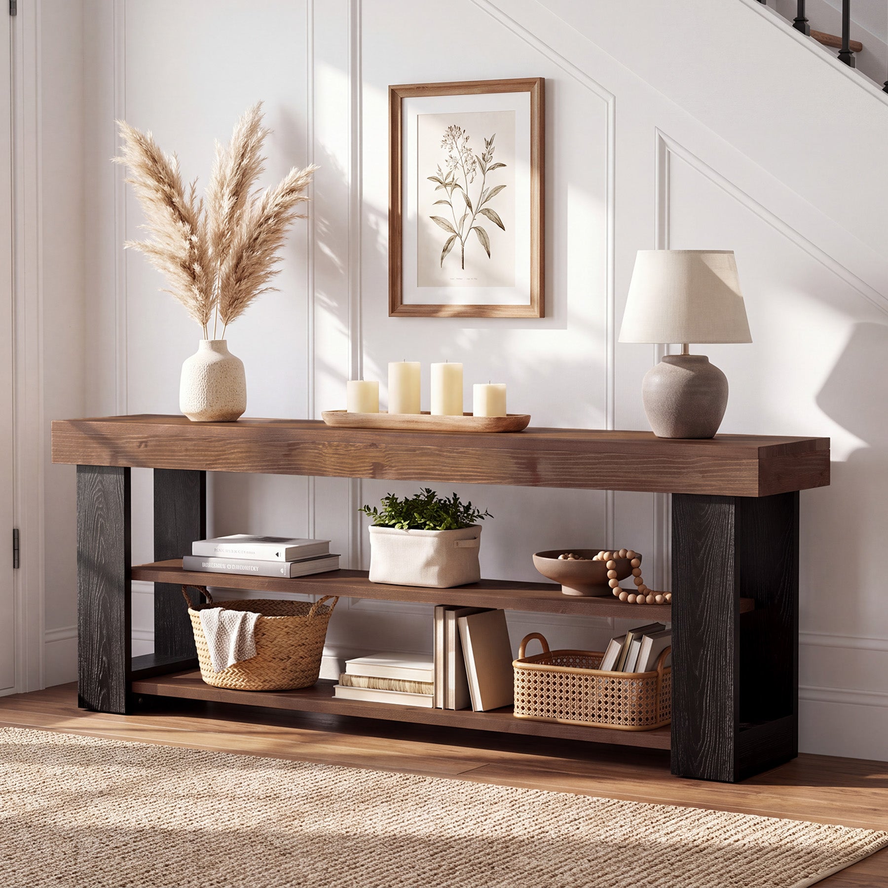 63" Console Table with 3-Tier Storage Shelves, Solid Wood Slim Entryway Sofa Table