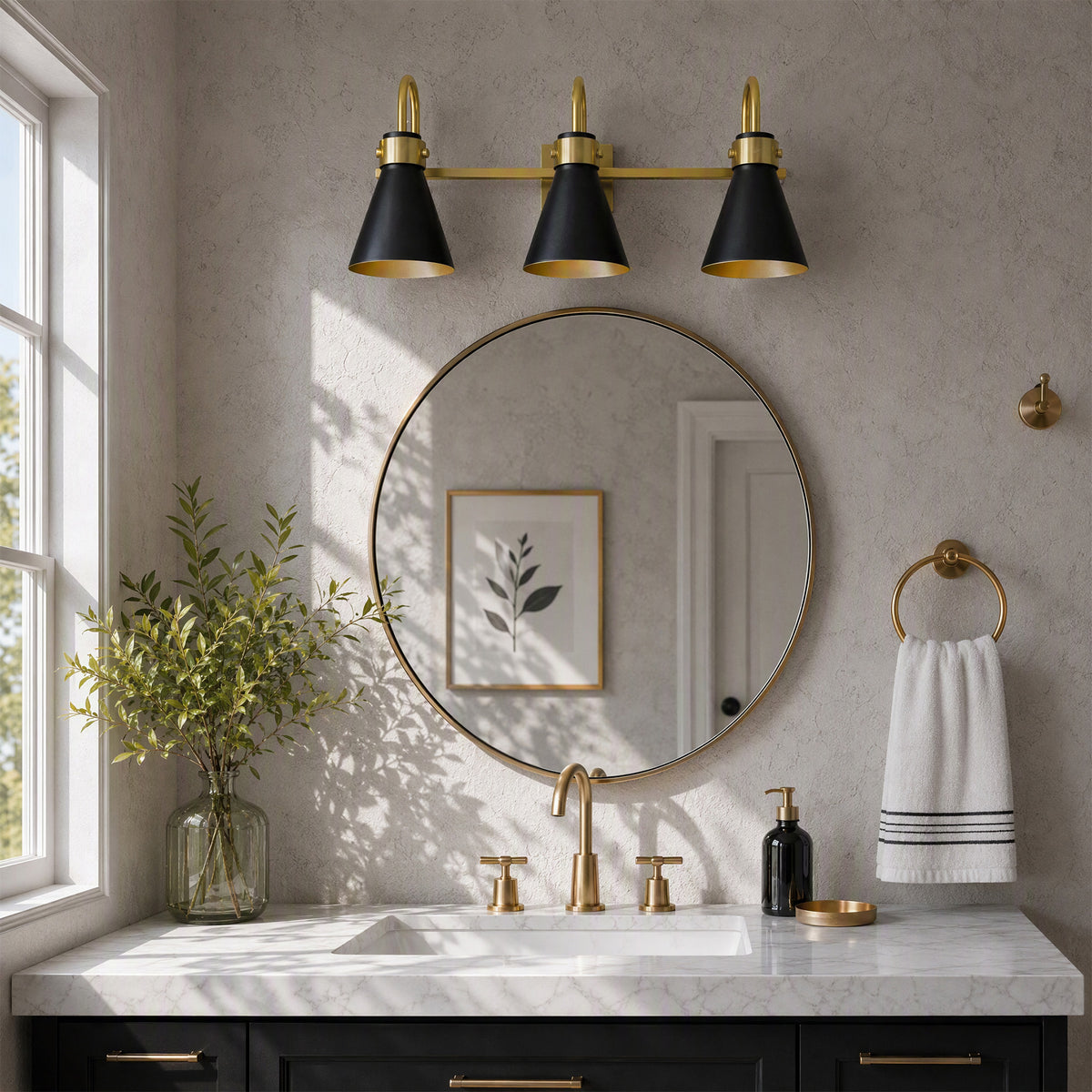 Tribesigns 3-Light Bathroom Vanity Light Black Gold Wall Sconce E12 Base