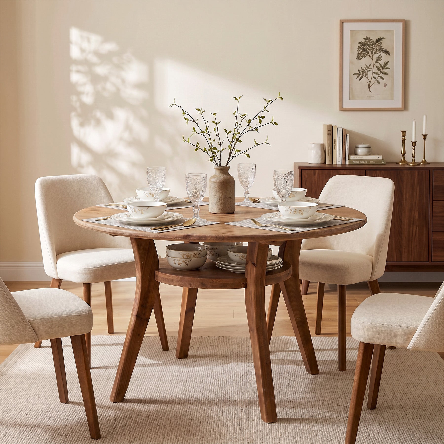 47" Round Dining Table with Storage Shelf, Solid Wood Kitchen Table, 2-Tier