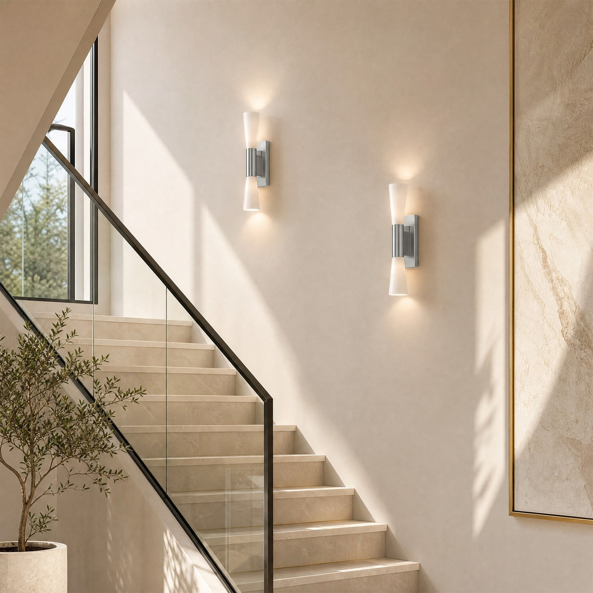 21.7" Silver Wall Sconce, 2-Light Modern Wall Light with Frosted Glass Shade