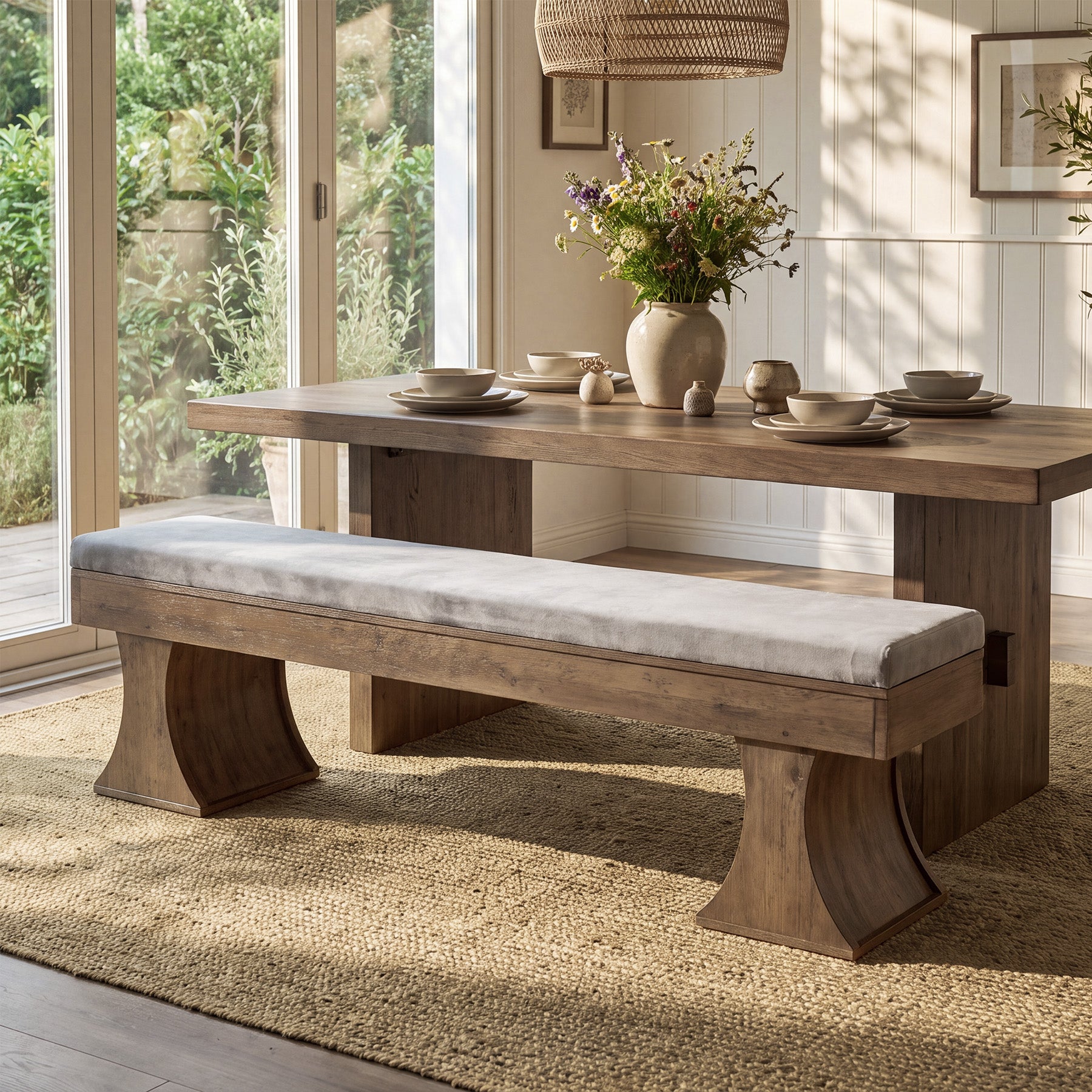 63.39" Entryway Bench with Cushion, Farmhouse Dining Bench for Hallway, Kitchen