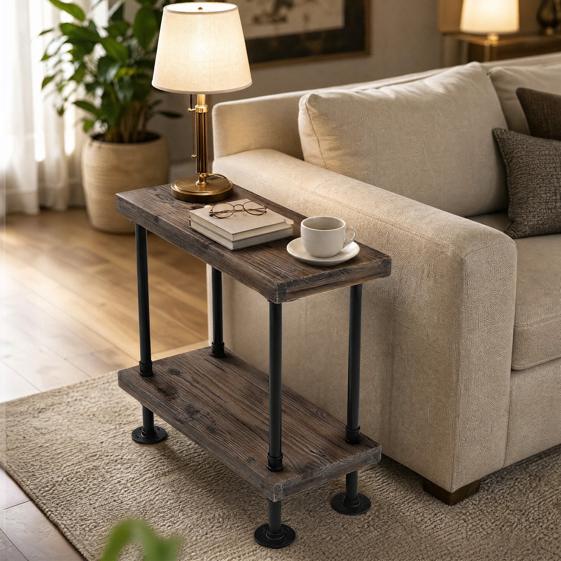 2-Tier Solid Wood End Table, Rectangle Side Table with Open Shelves & Metal Frame