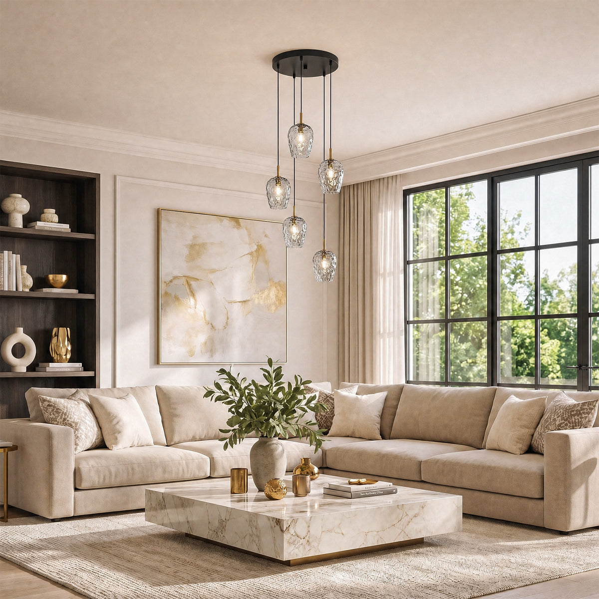 5-Light Hammered Glass Pendant Light, Modern Light Fixtures with Adjustable 60" Cord