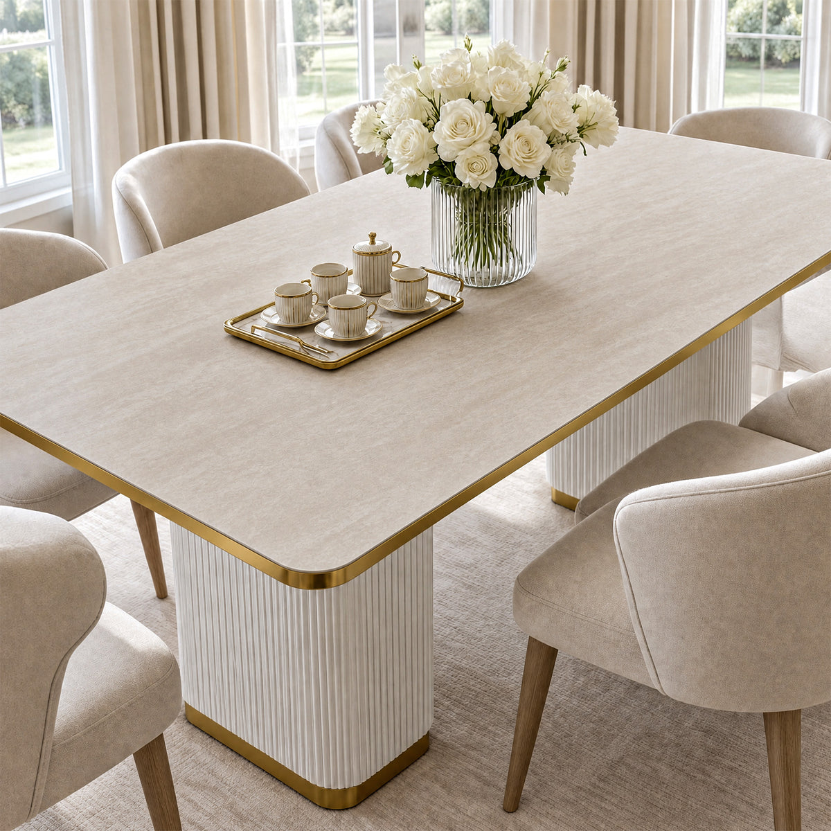 71" Sintered Stone Dining Table, Rectangular Kitchen Table with Fluted MDF Pedestal Base for 4-8