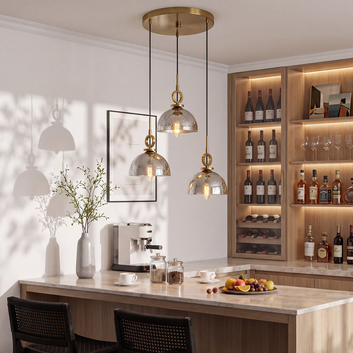 3-Light Modern Gold Dome Pendant Light, Crackle Glass Shade