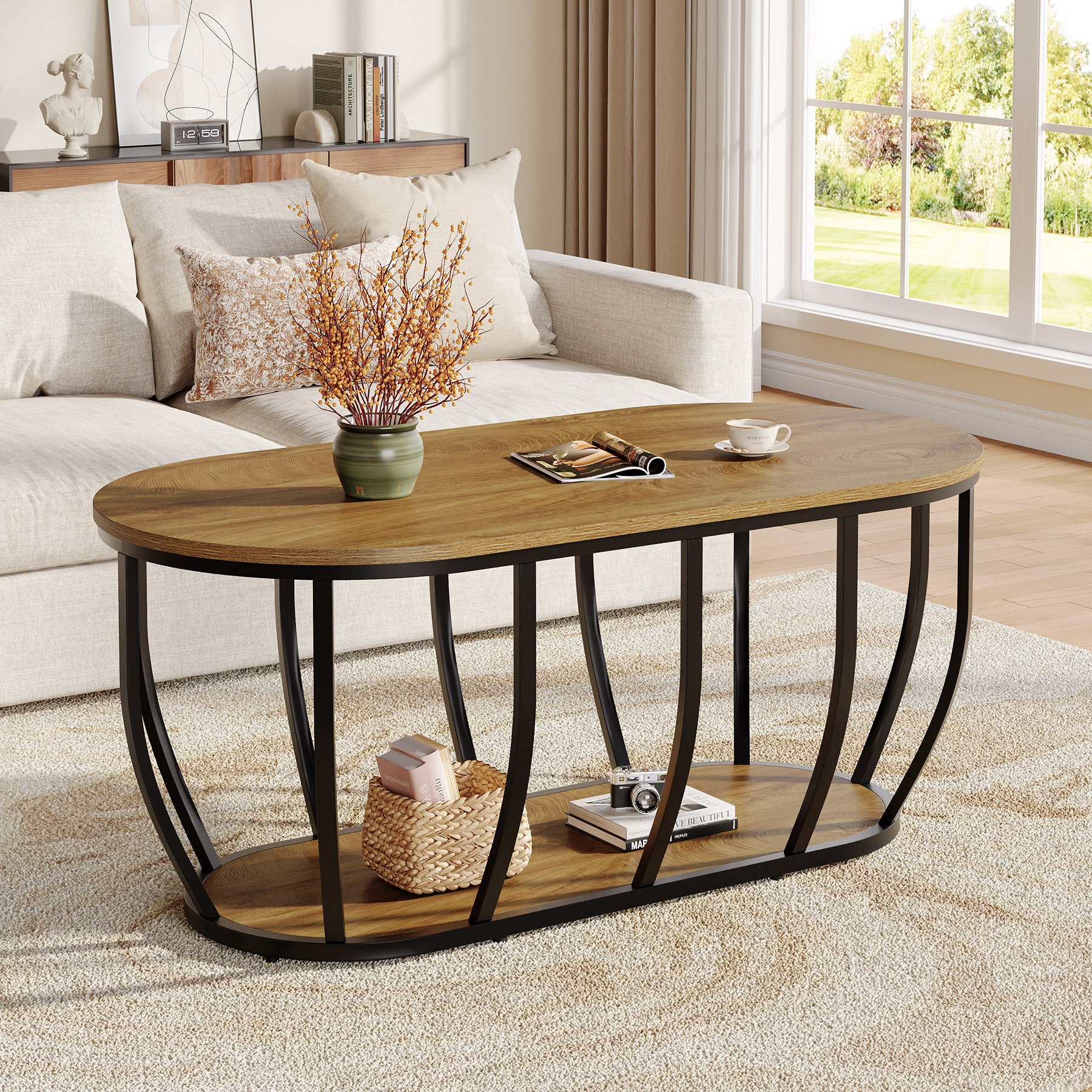 Oval Coffee Table, 47.2" Modern Center Cocktail Table with 2-Tier Storage