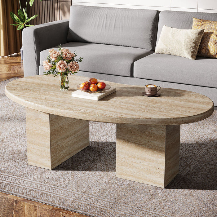 45" Coffee Table, Wood Center Table with Asymmetric Pedestal Legs Tribesigns