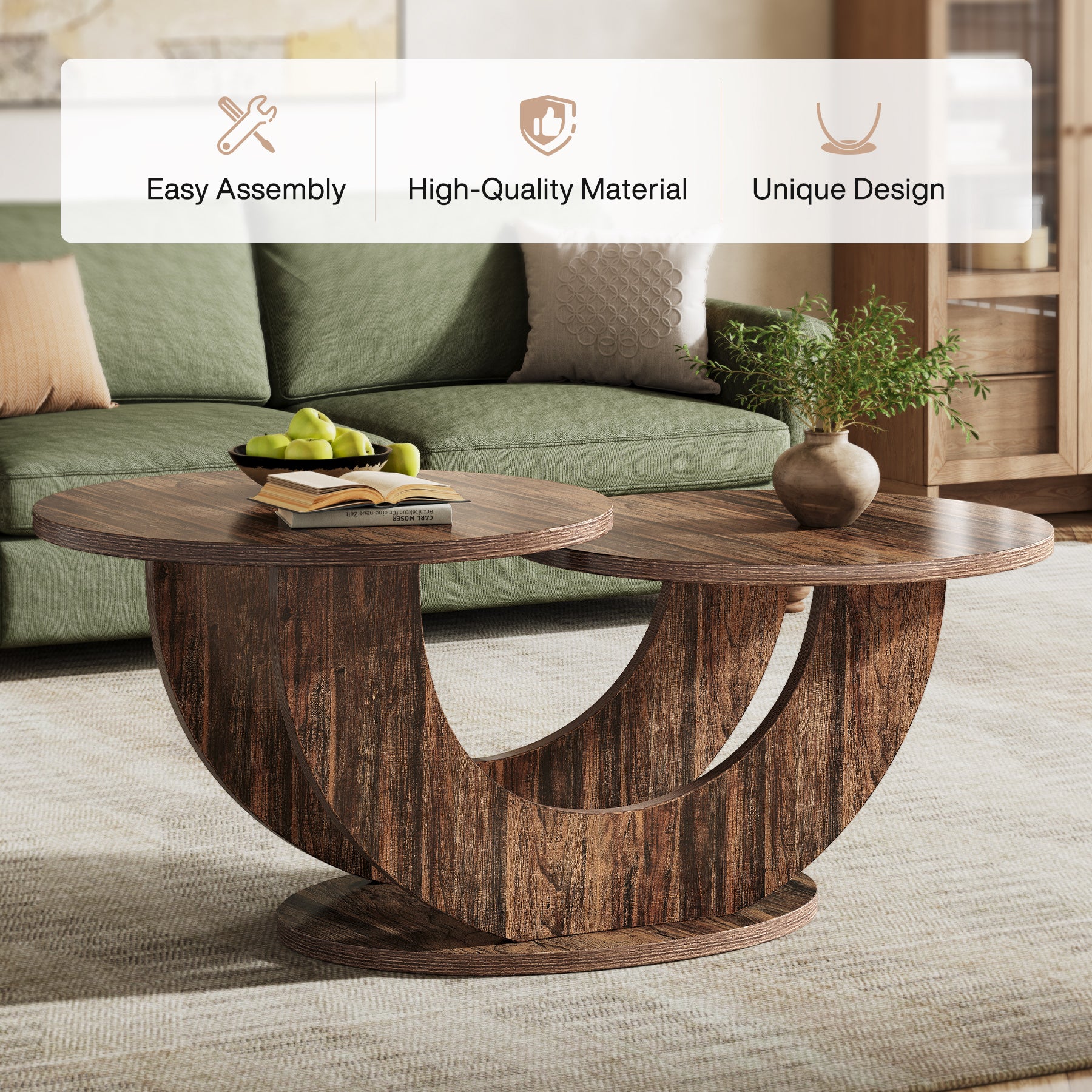 45" Coffee Table, 2-Tier Accent Center Cocktail Table with U-Shaped Frame