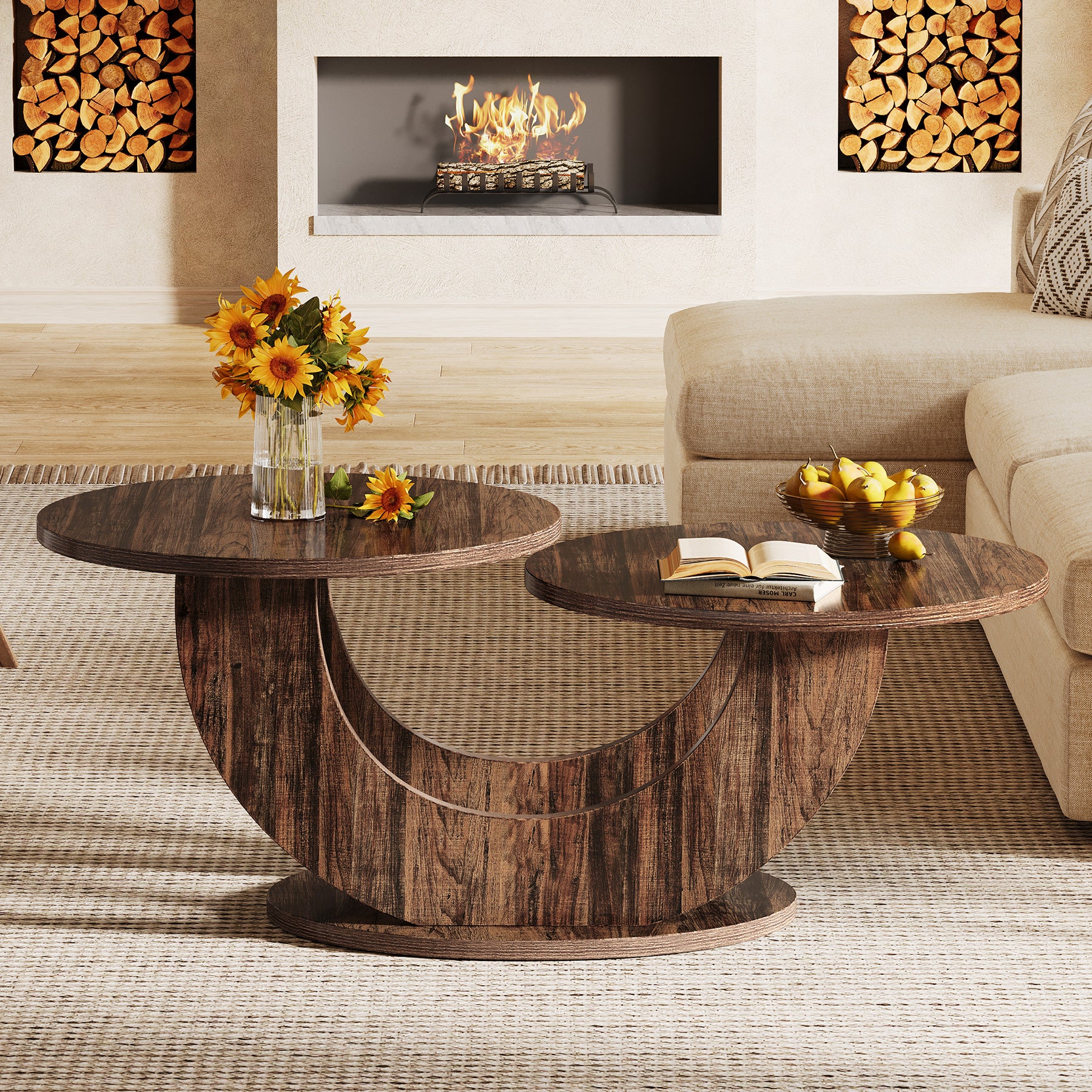 45" Coffee Table, 2-Tier Accent Center Cocktail Table with U-Shaped Frame
