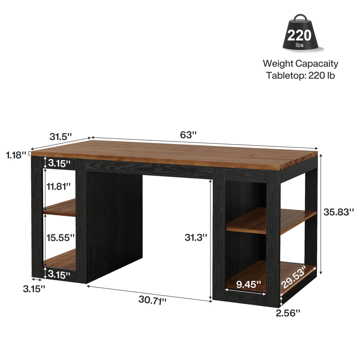 63" Farmhouse Solid Wood Kitchen Island, 2-Tier Side Storage