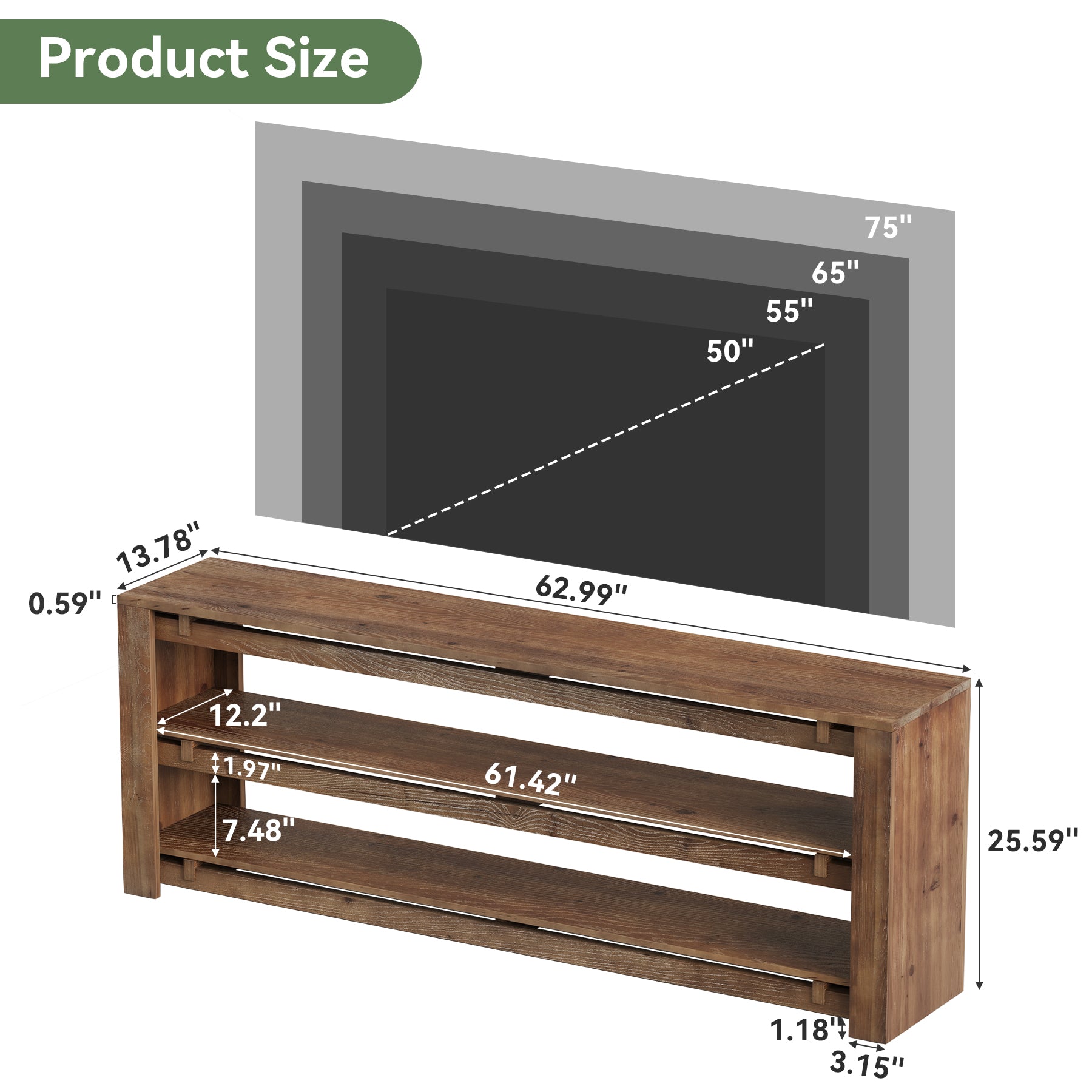 63" Solid Wood TV Stand Fits up to 75" Tvs, 3-Tier TV Console with Storage Shelves