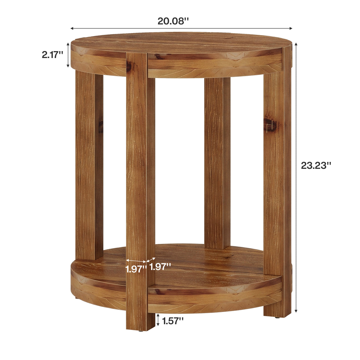 20.08" Round Solid Wood End Table, 2-Tier Side Table with Storage Shelf for Living Room