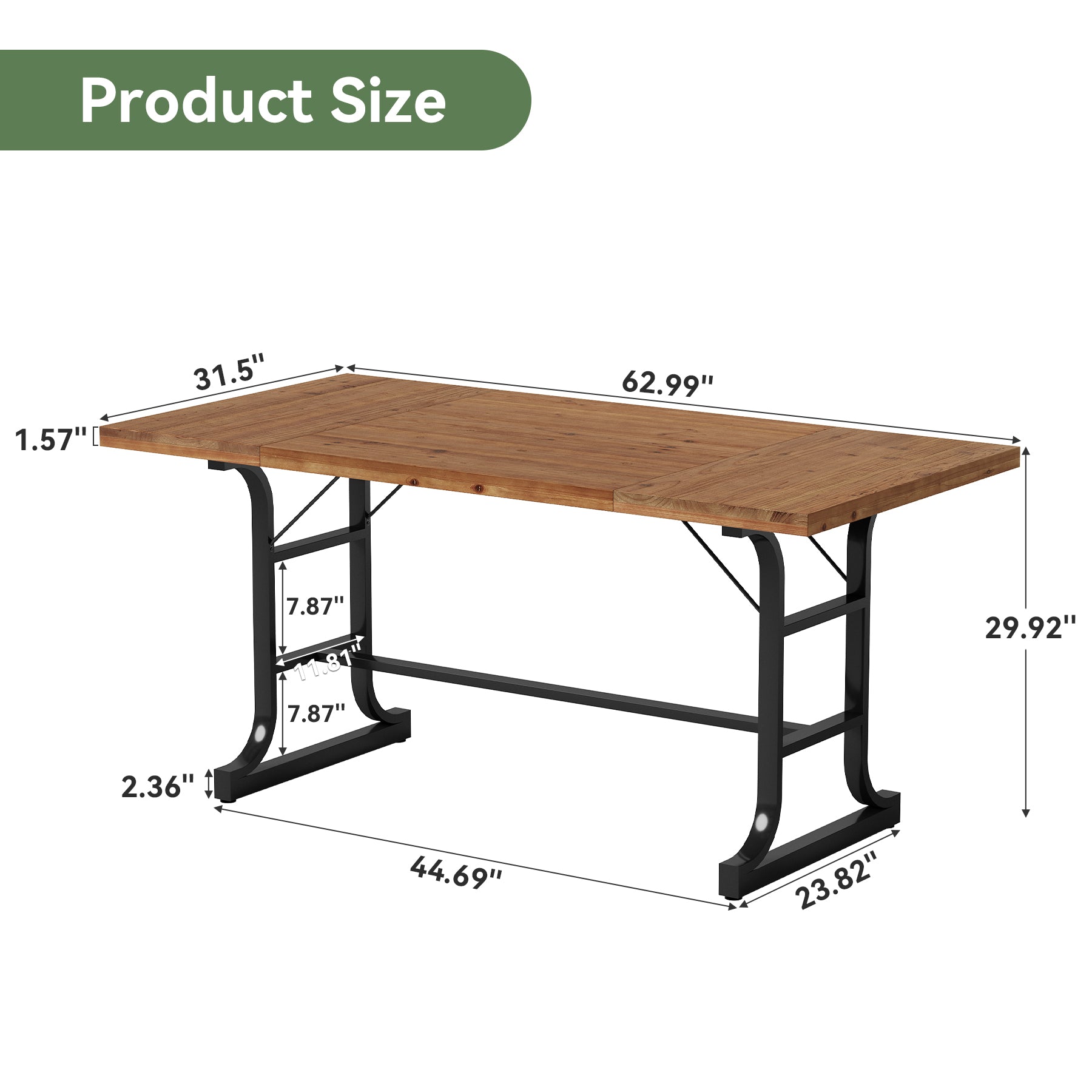 63" Solid Wood Executive Desk with Metal Legs, Farmhouse Home Office Computer Desk