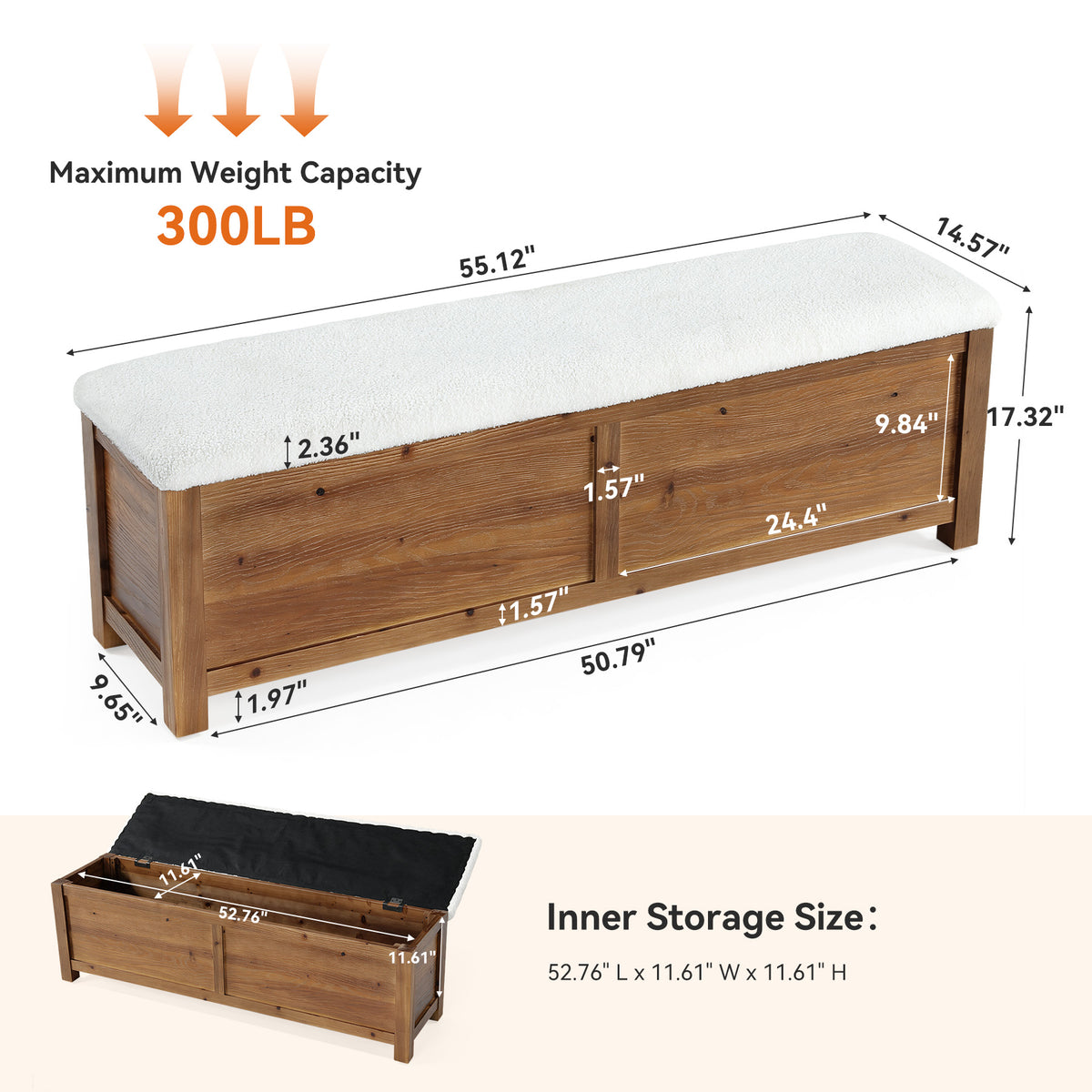 55" Lift Top Storage Bench, Hidden Storage, Wooden End of Bed Entryway Bench