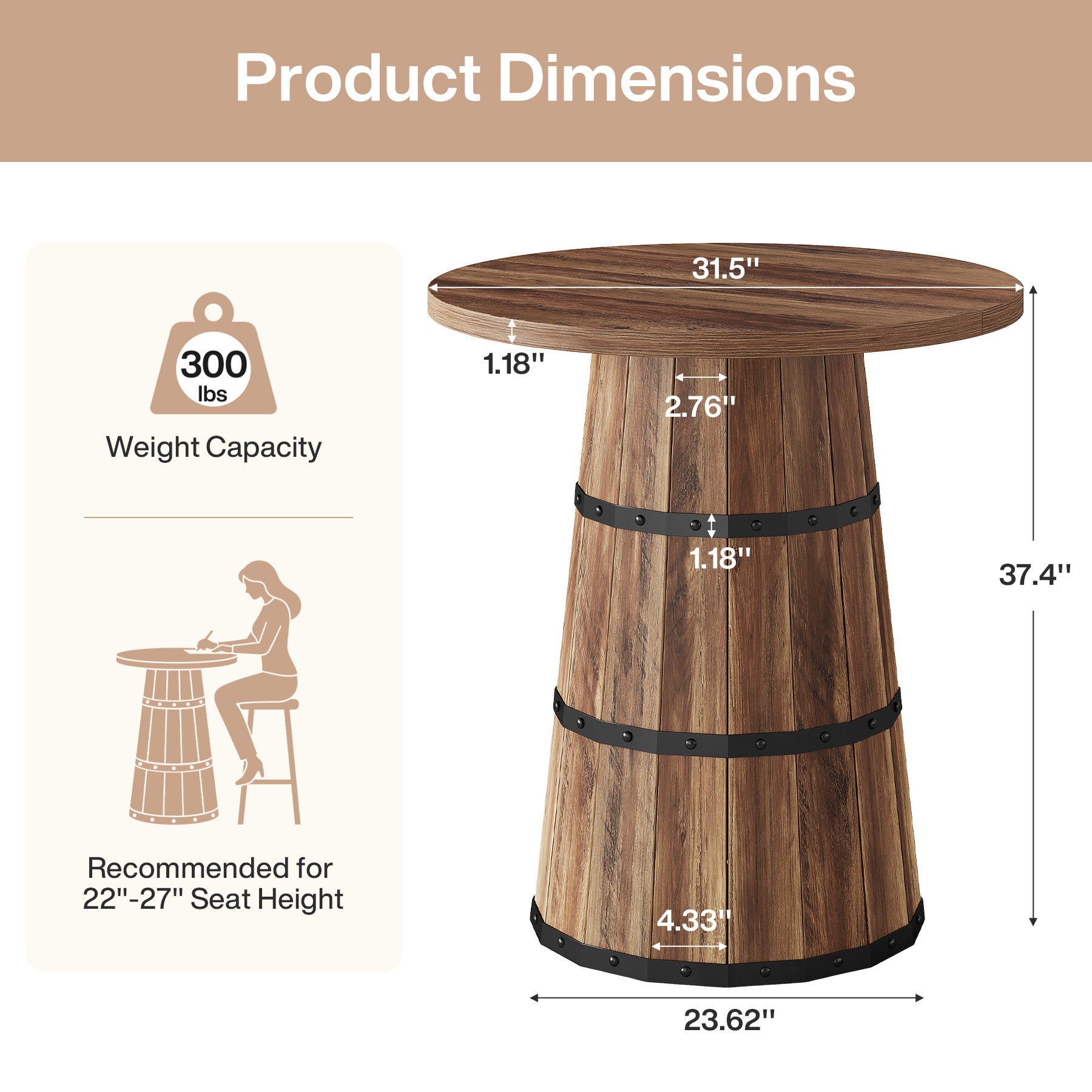 31.5" Round Bar Table, Farmhouse Pub Height Table with Barrel Base for Home Bar, Kitchen