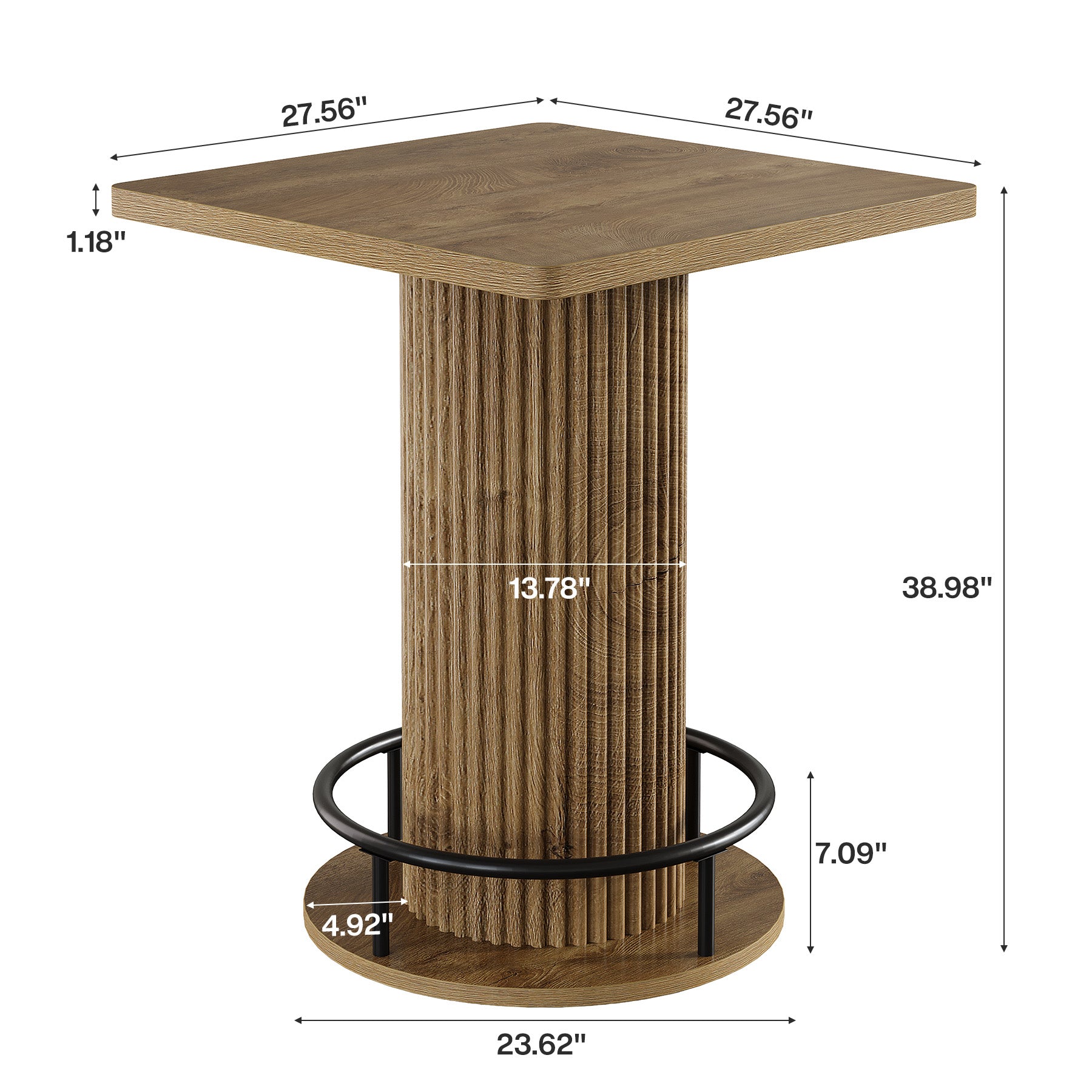 Square Bar Table, 39" H Bistro Pub Table with Ergonomic Metal Footrest for Apartment Cafe (Only Table)