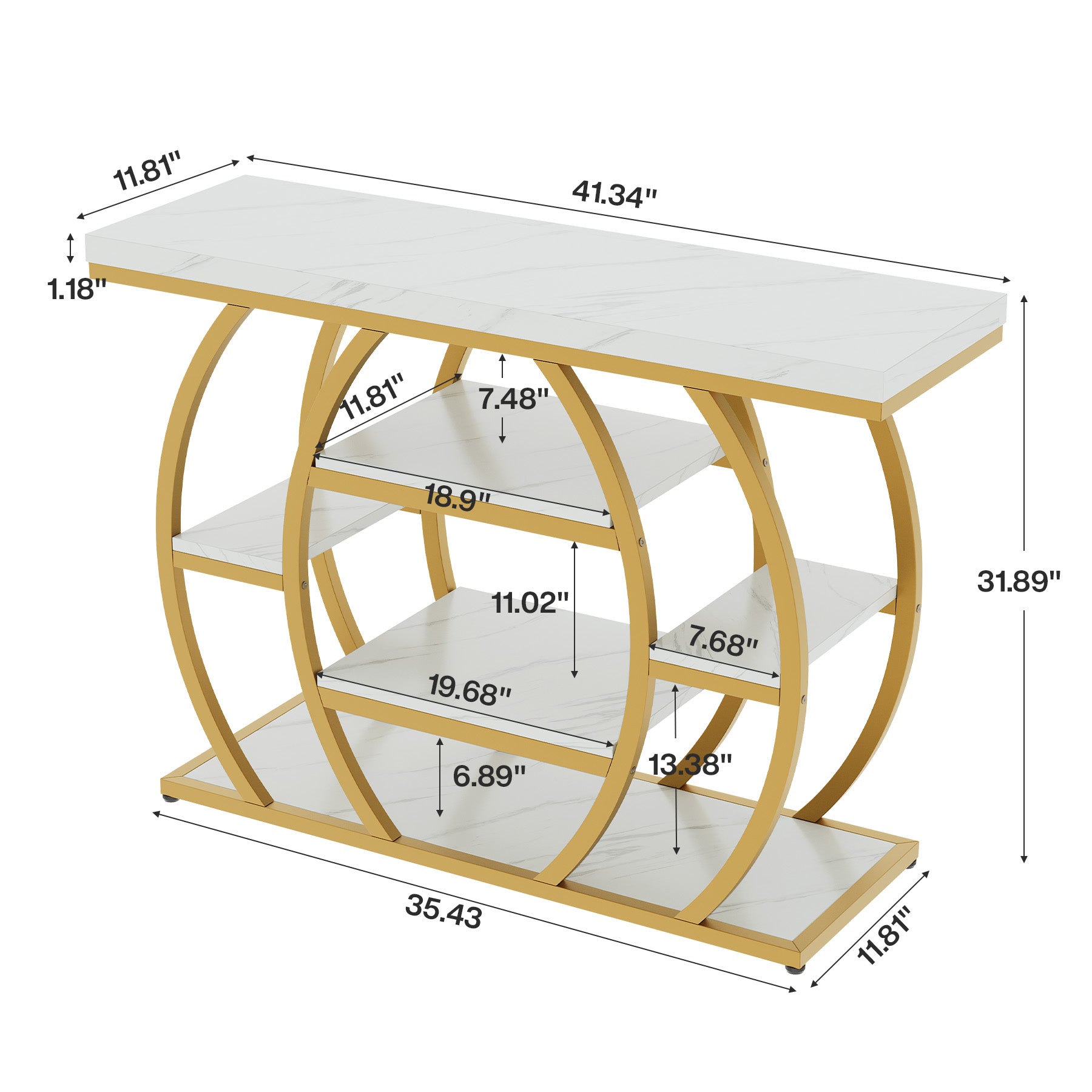 41" Gold Entryway Console Table with Faux Marble Top, Narrow Sofa Table with 5-Tier Storage Shelves