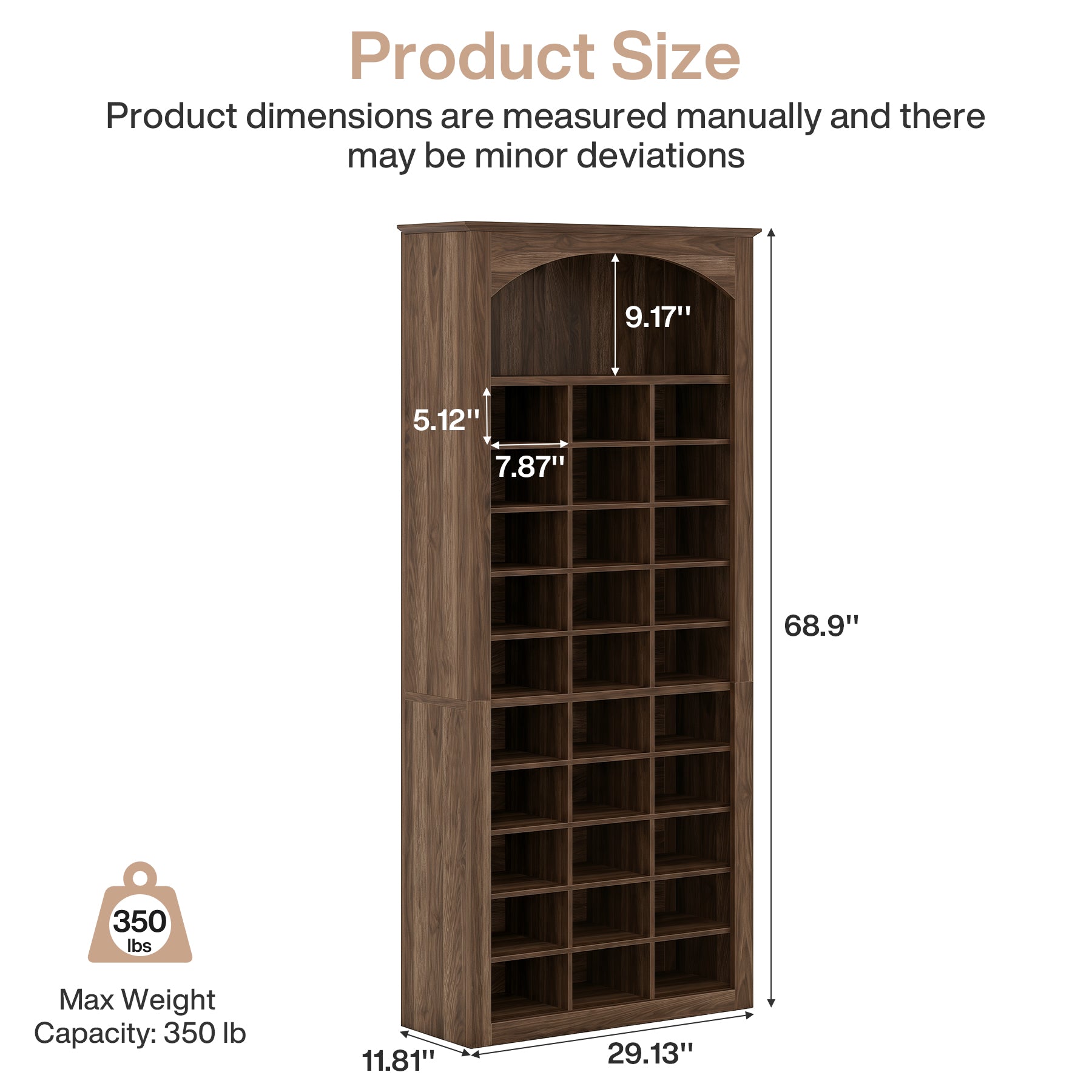 30-Cube Shoe Rack, 68.9" Shoe Cabinet with Arched Display Shelf for Entryway