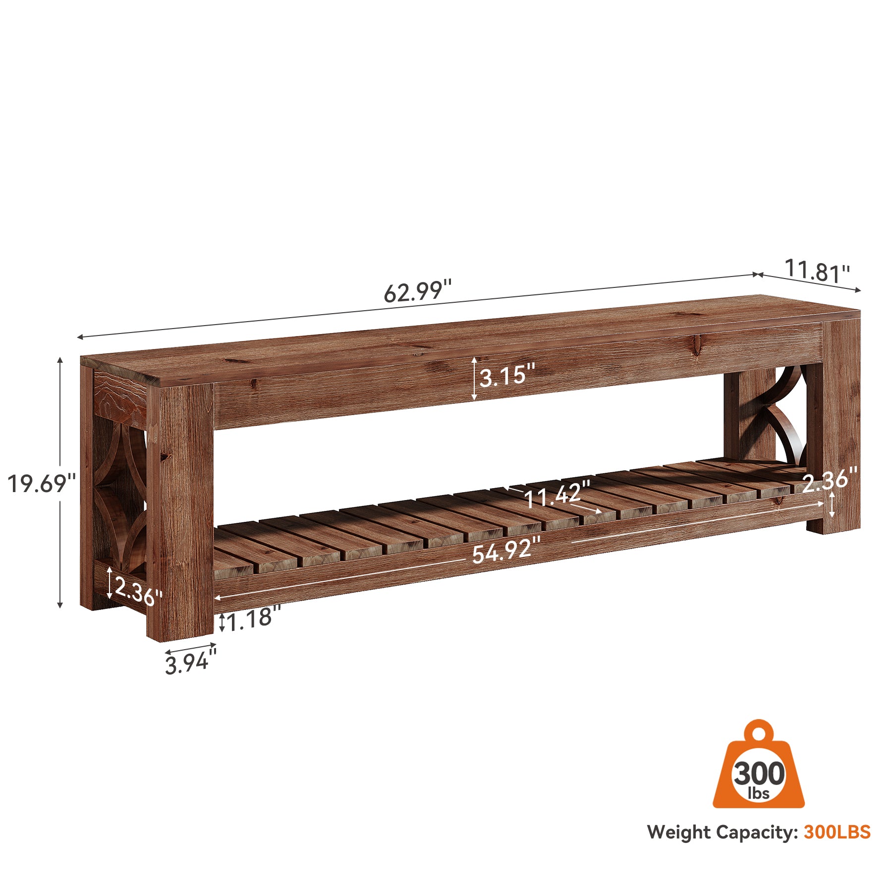 63" Solid Wood Entryway Bench, 2-Tier Shoe Storage Bench with Shelves for Hallway