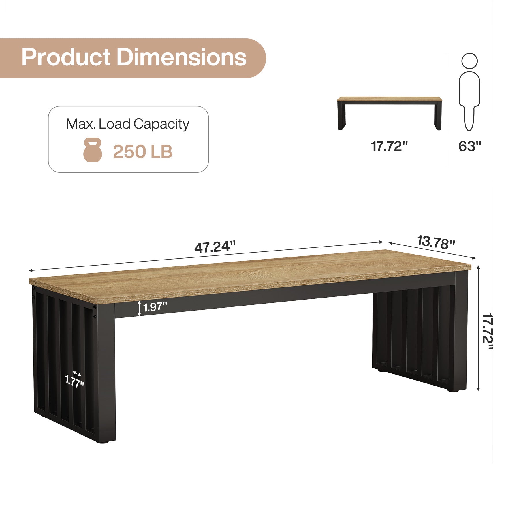 47" Kitchen Bench, Industrial Dining Room Bench with Metal Frame