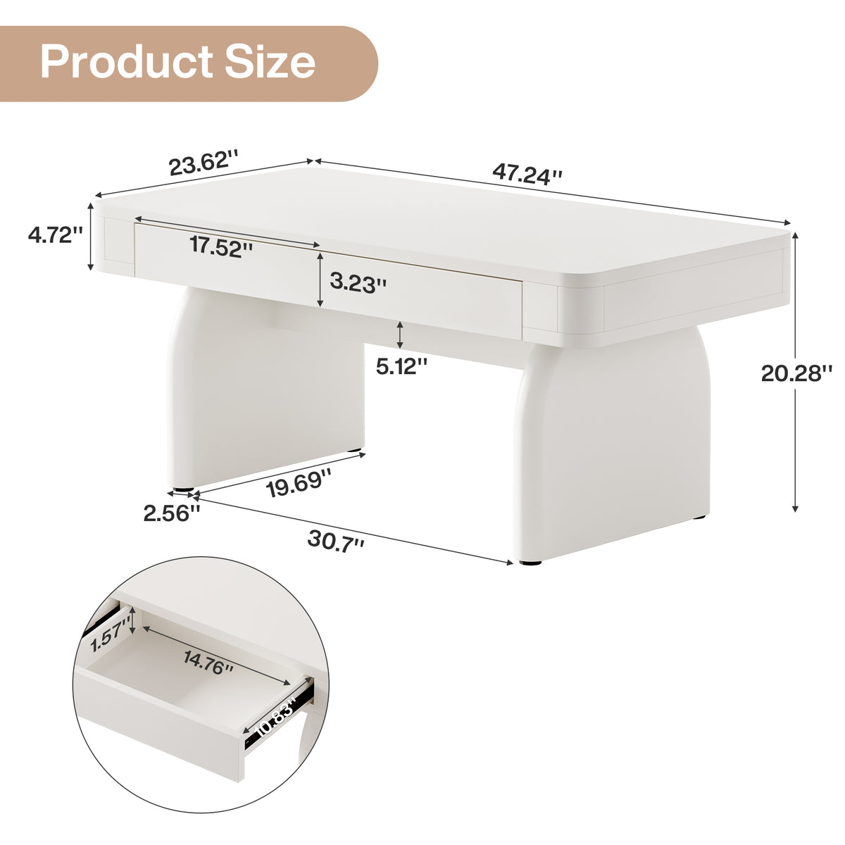 47.24 Inch White Coffee Table with 2 Drawers and Storage, Modern Rectangular Center Table for Living Room