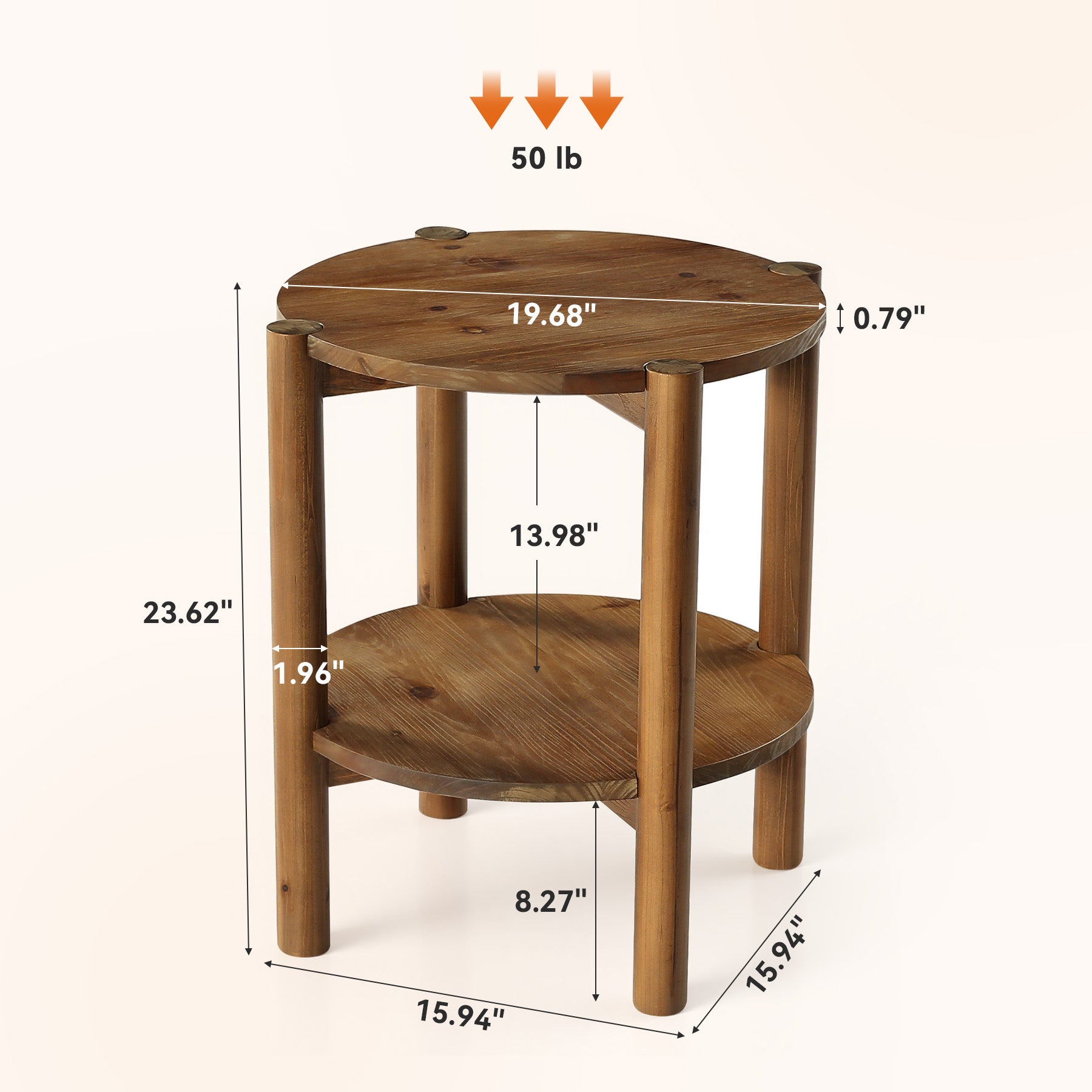 Solid Wood Round End Table, 2-Tier Small Side Table with Storage Shelf