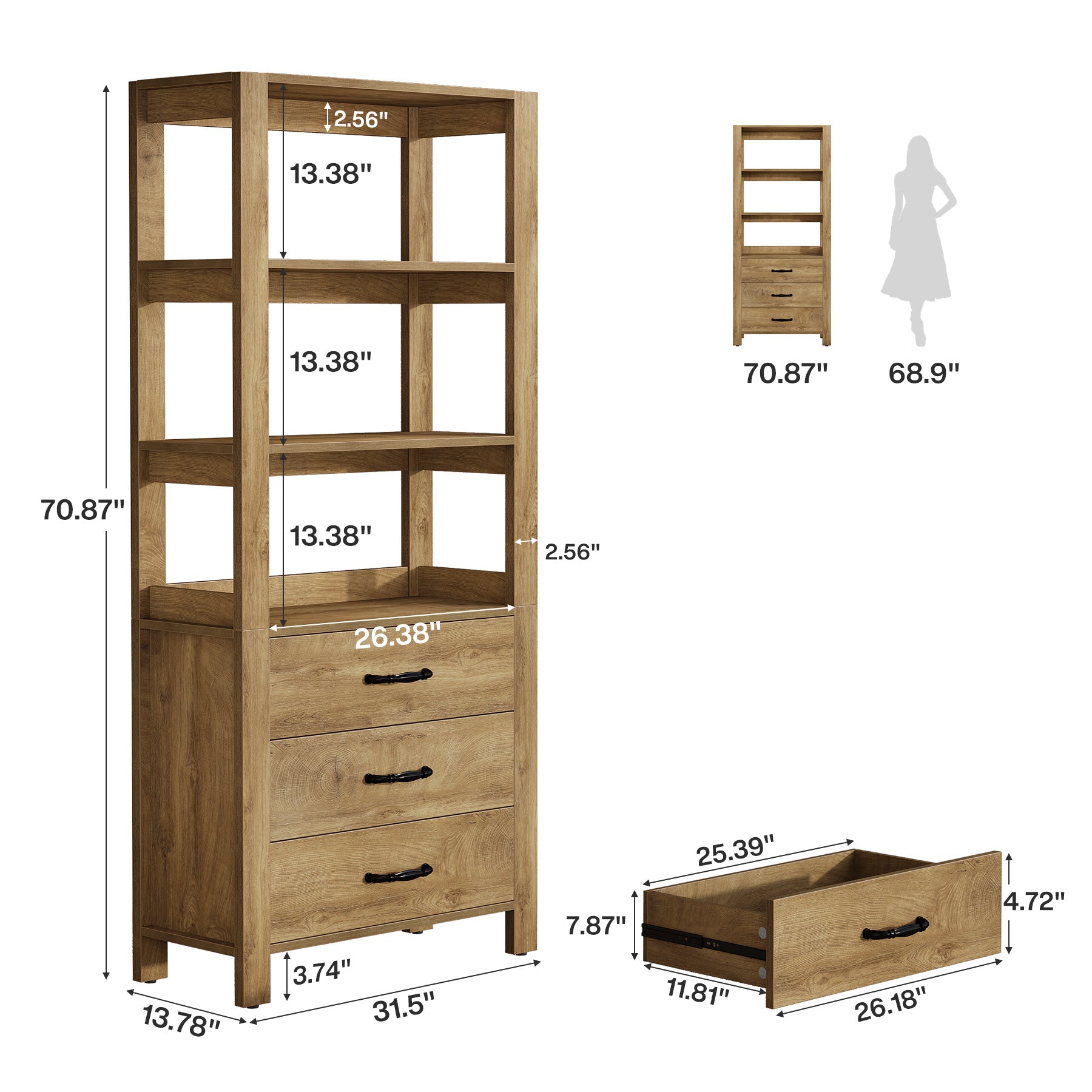 70.9" Bookshelf with Drawers, Modern Bookcase with 3-Tier Open Shelf