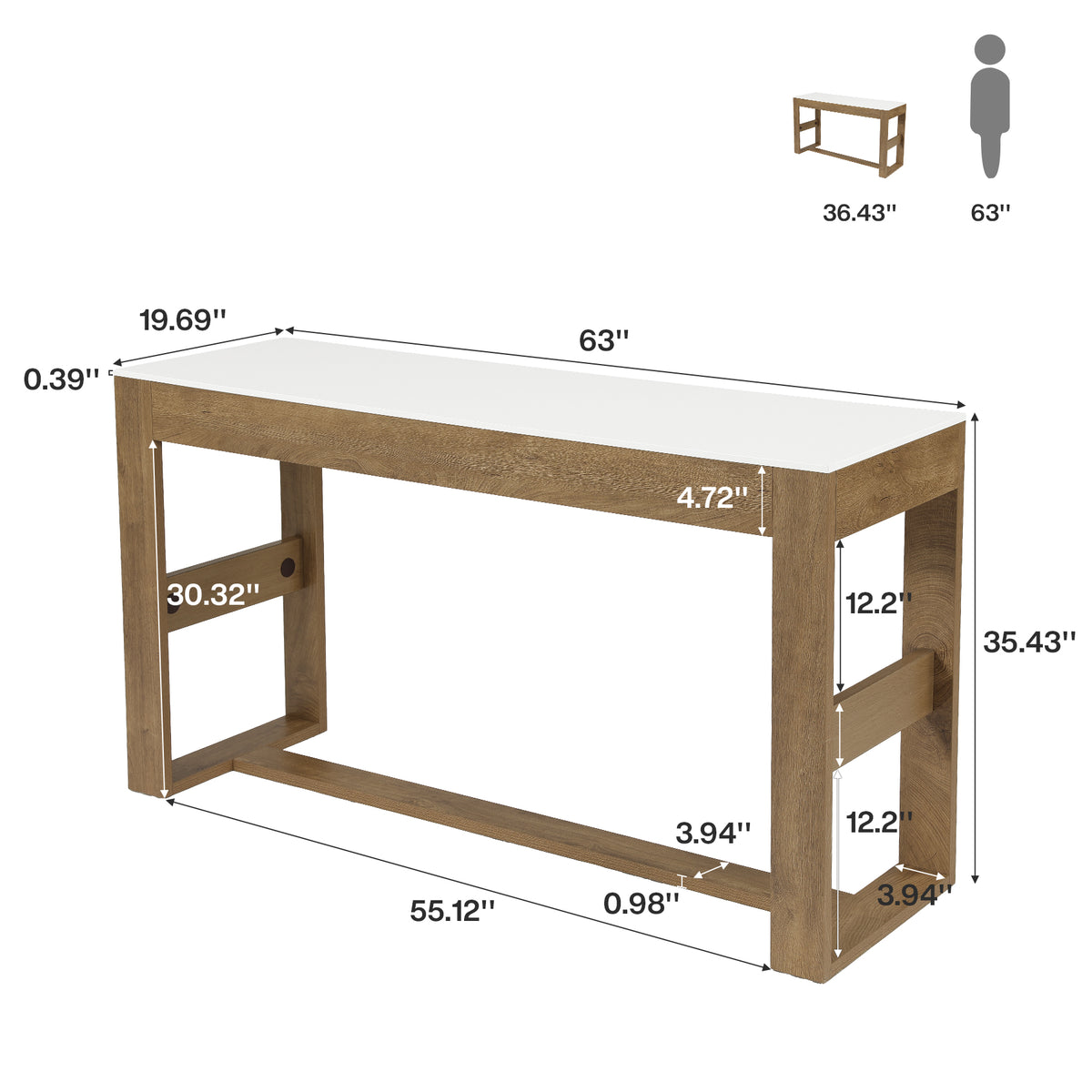 63" Counter Height Pub Table for 4-6, Farmhouse Rectangular Bar Table with White Top