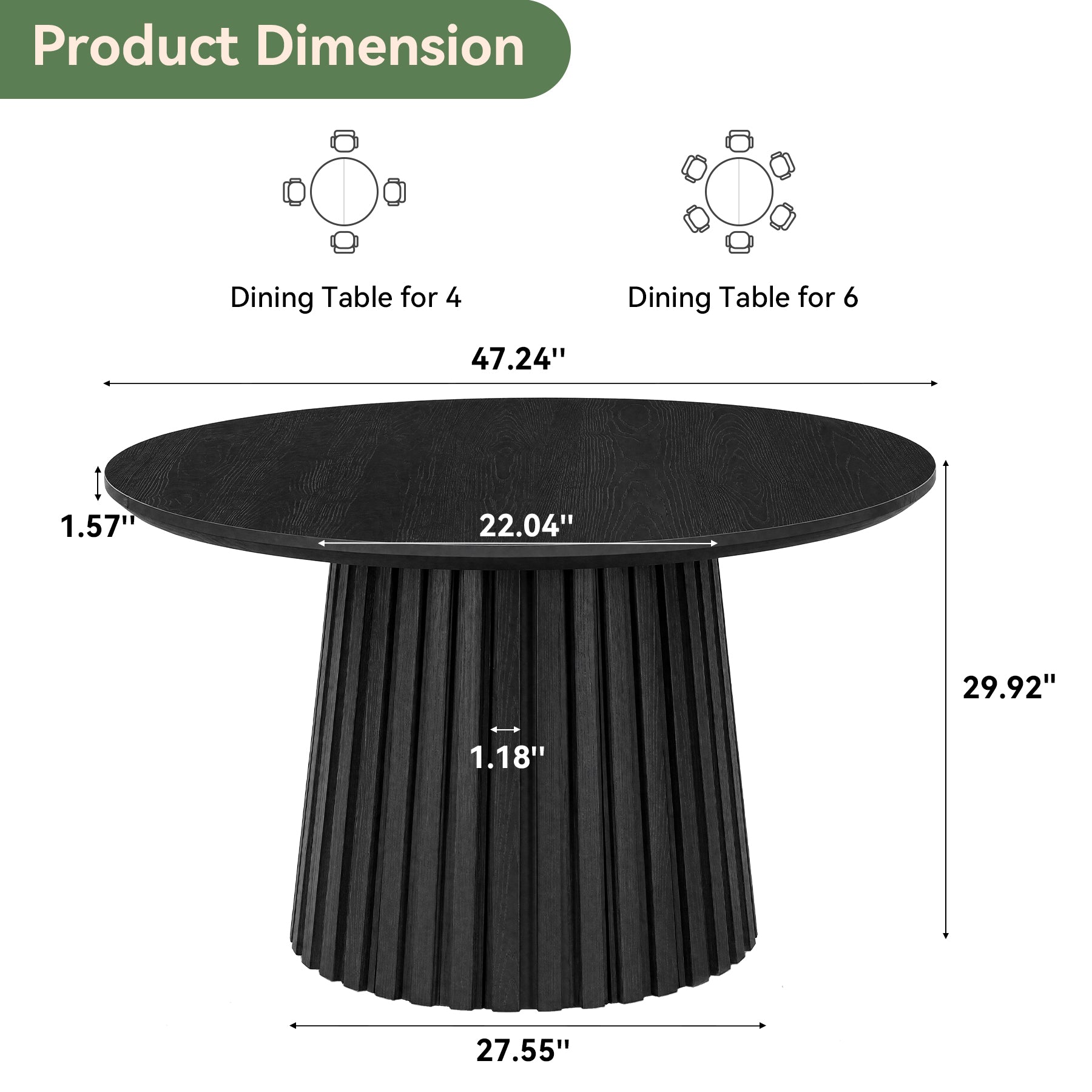 47.3-Inch Solid Wood Round Dining Table, Fluted Base Table for 4-6 People Dining Room