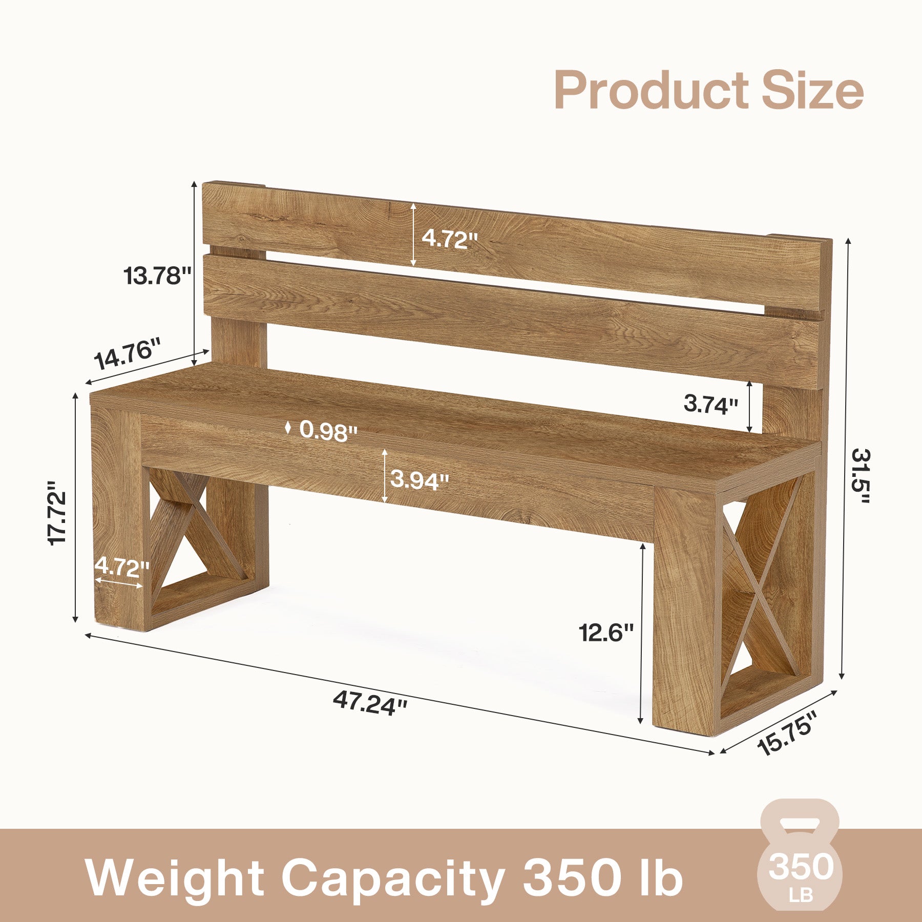 47" Dining Bench with Back, Farmhouse Kitchen Bench, X-Brace, Dining Room