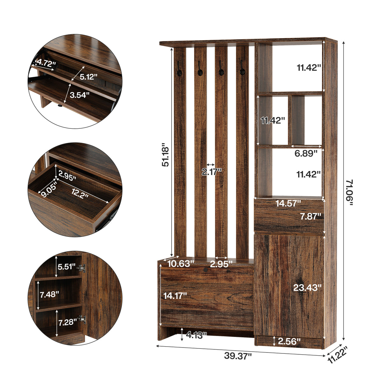 71" Freestanding Room Divider with Storage, 5-in-1 Entryway Coat Rack