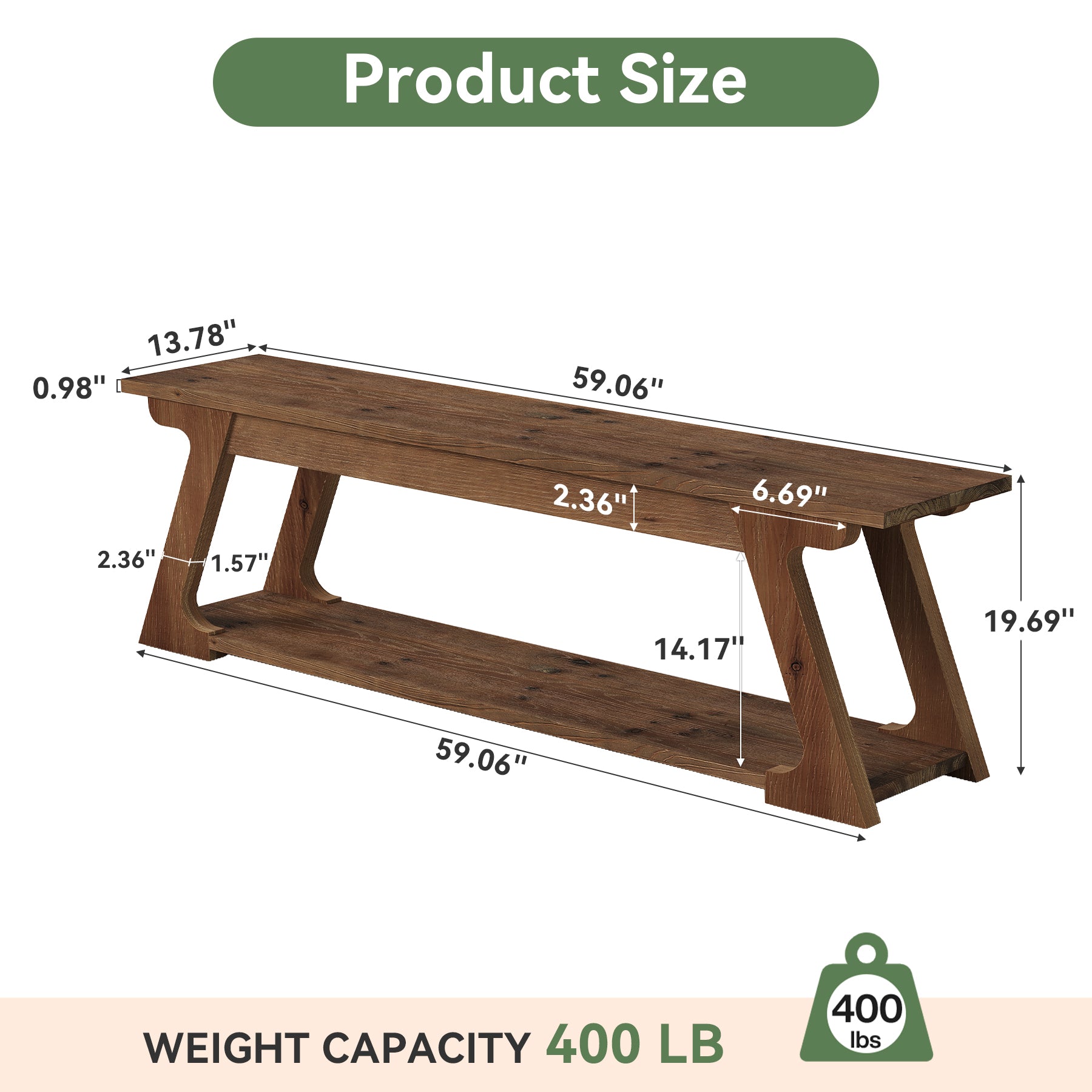 59" Solid Wood Dining Bench, Narrow Indoor Bench with Storage Shelf
