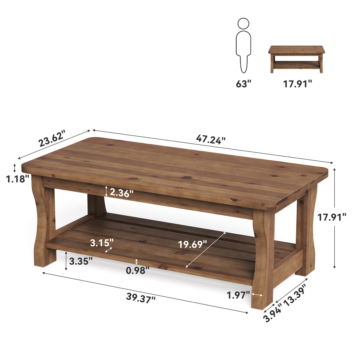 47" Modern Solid Wood Coffee Table, Rectangle 2-Tier Storage Shelf, Center Table, Living Room