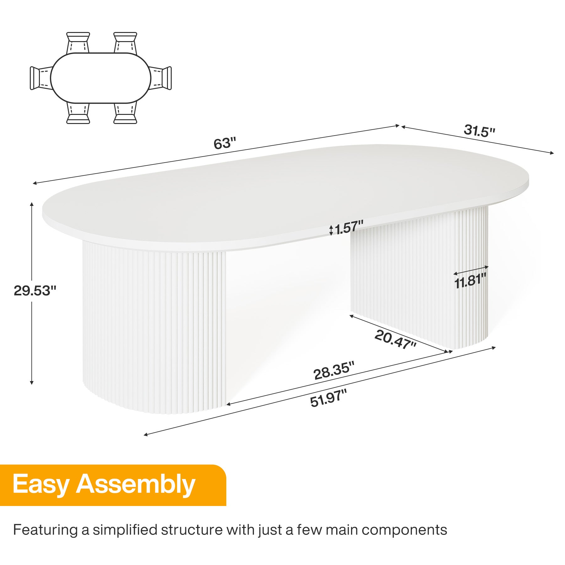 63" Oval Dining Table For 4-6, Modern Kitchen Table With Fluted Wooden Base