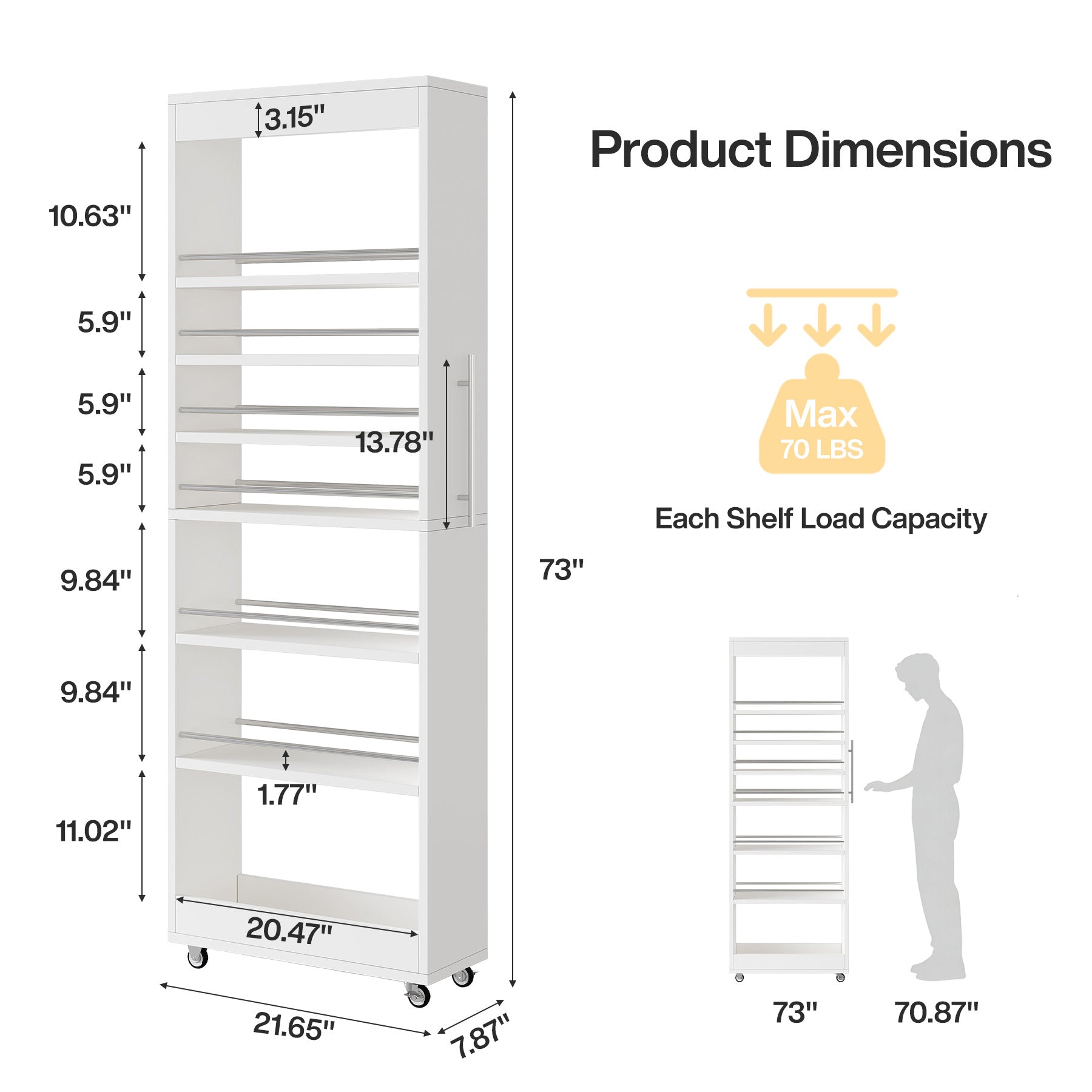 73" Slim Storage Cart on Wheels, 7-Tier Narrow Pantry Rack Cabinet Organizer