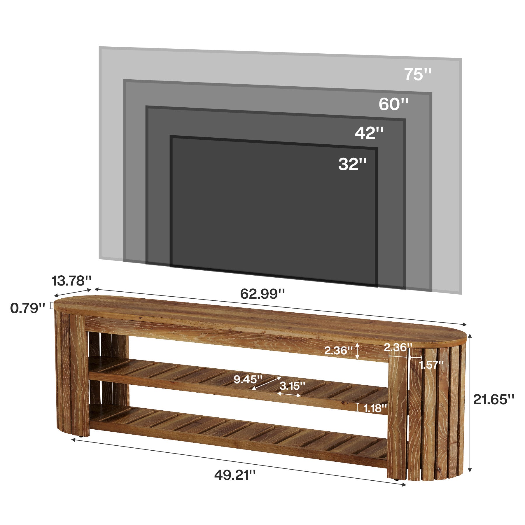 63" Solid Wood TV Stand, Entertainment Center with 2-Tier Shelves for 55/60/65/70-Inch TVs