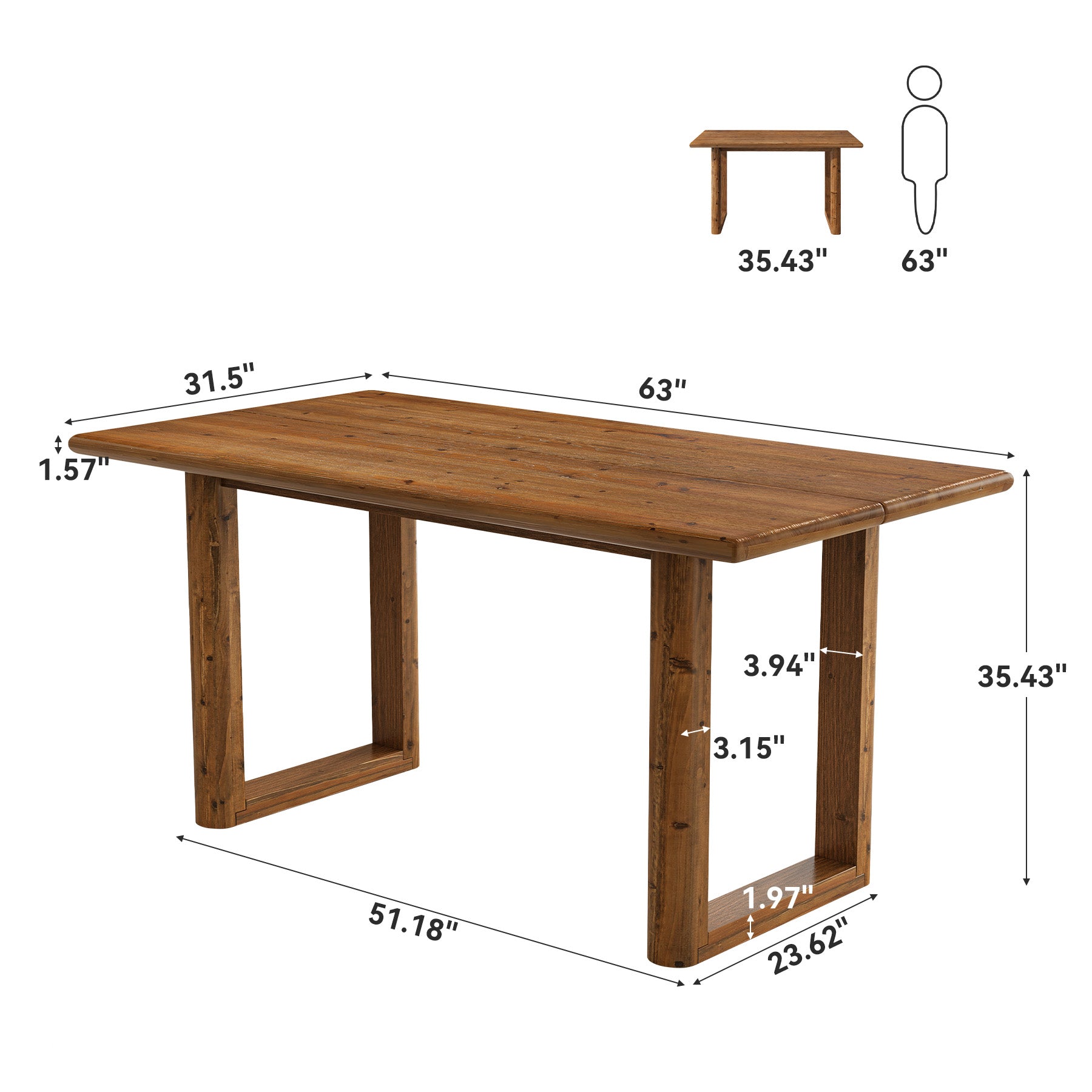 63" Solid Wood Dining Table for 4-6 People, Rectangle Kitchen Table with U-Shaped Legs