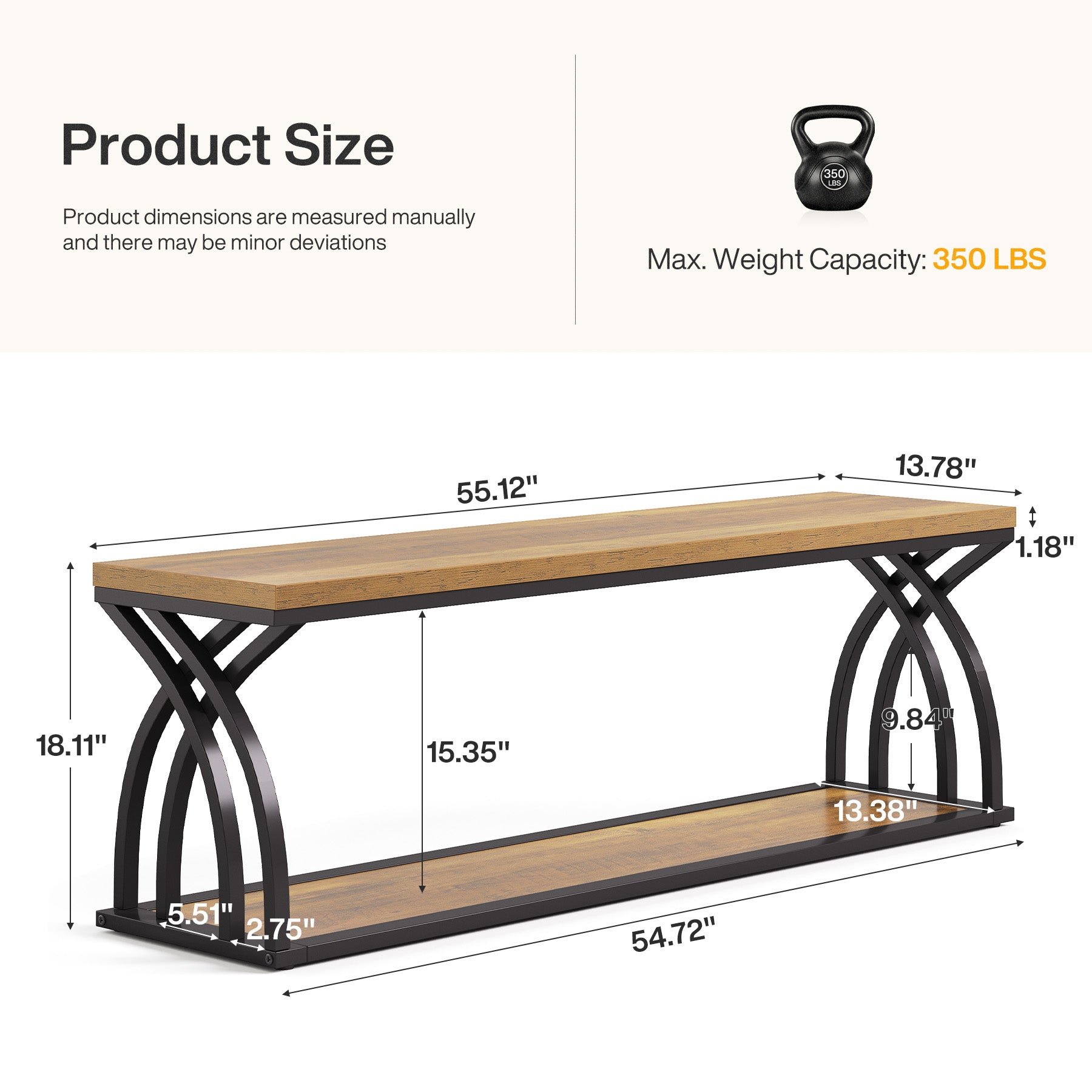 55" Industrial Entryway Bench with Shoe Storage, 2-Tier End of Bed Bench, Hallway