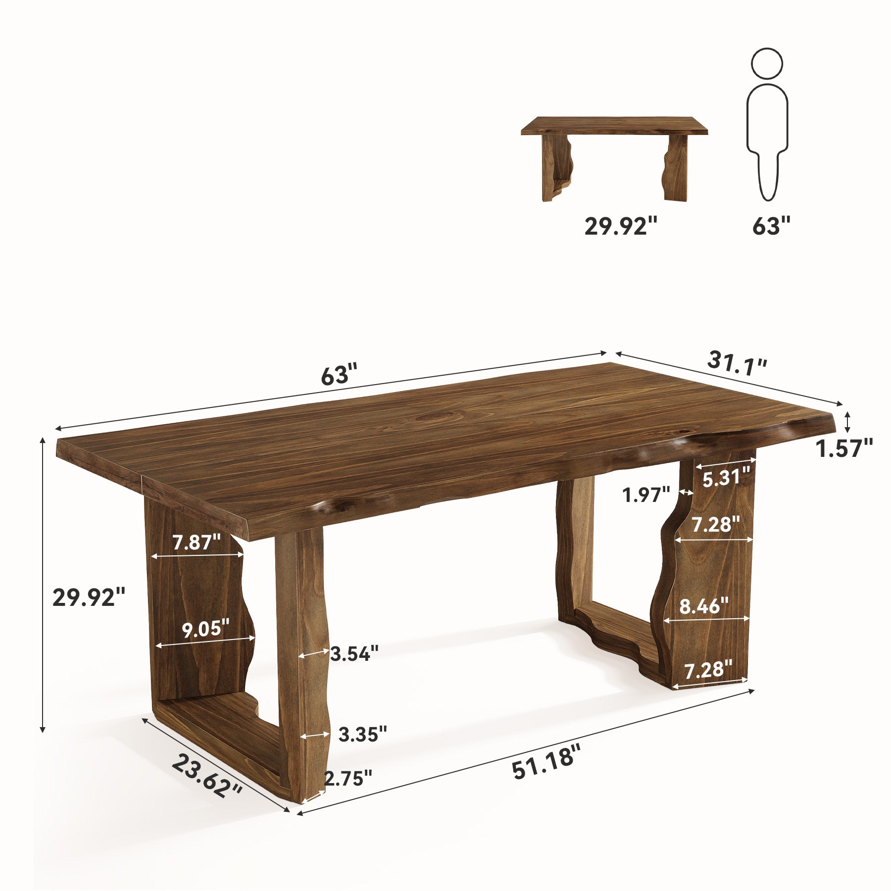 63" Solid Wood Live Edge Dining Table for 6, Rustic Modern Kitchen & Dining Room Table with Sculptural Legs