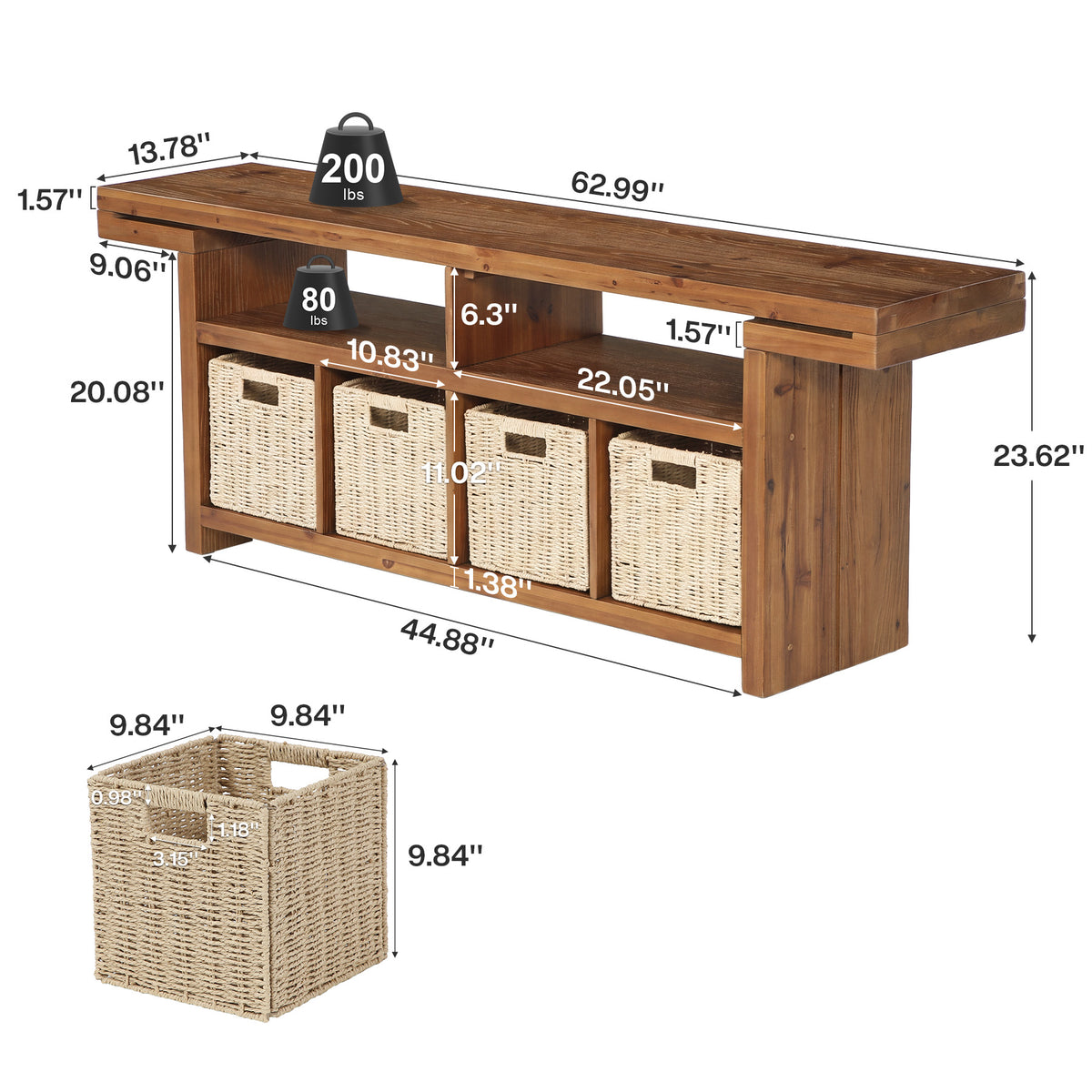 63" Farmhouse Solid Wood TV Stand with 4 Baskets & 2 Open Shelves